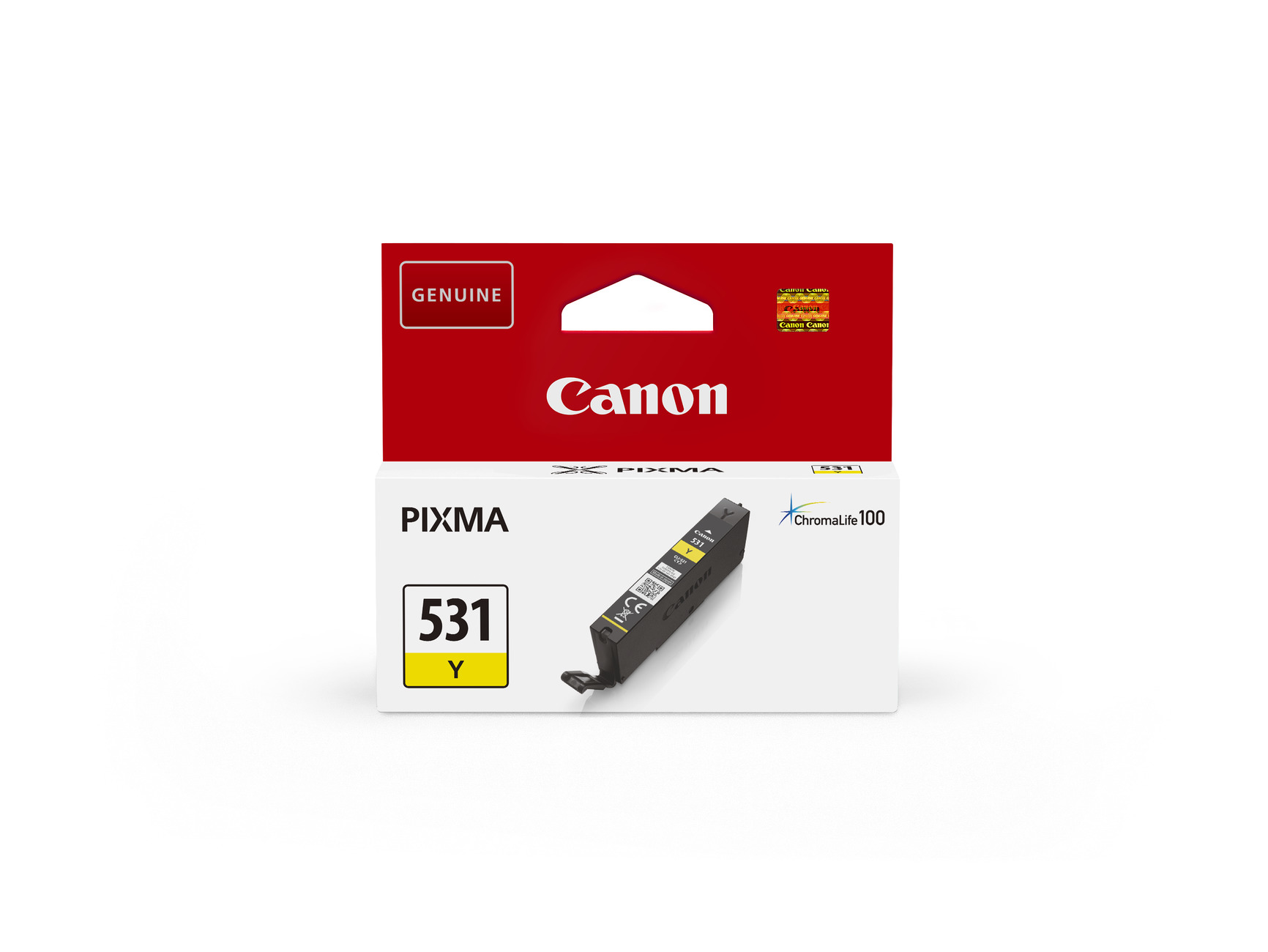 Eine Canon PIXMA Tintenpatronenbox. Die Box ist rot und weiß. Die Patrone ist schwarz und gelb.
