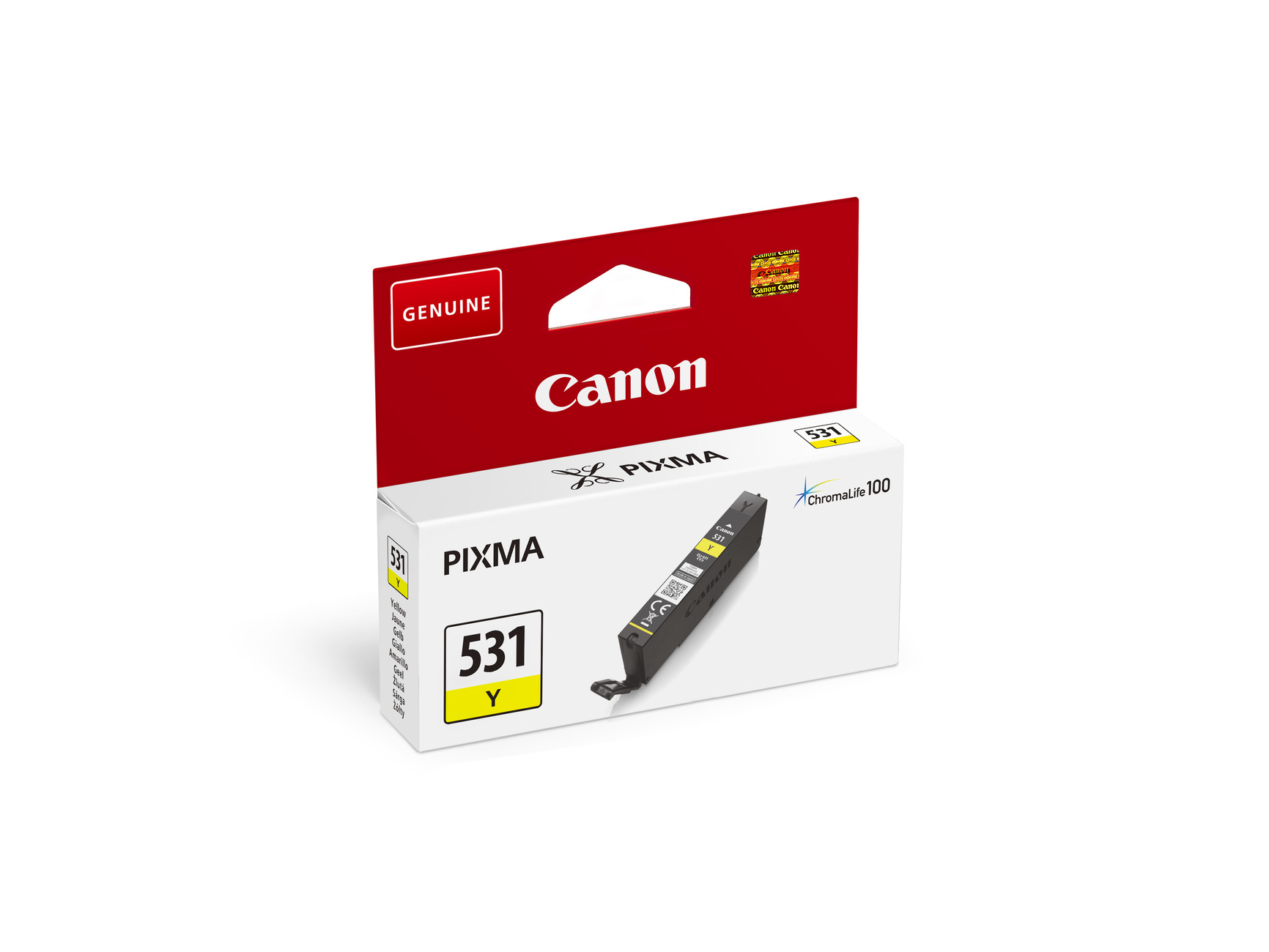 Eine Canon Pixma 531 Y Tintenpatronenbox. Roter Deckel mit Canon-Logo und eine gelbe Tintenpatrone darin.