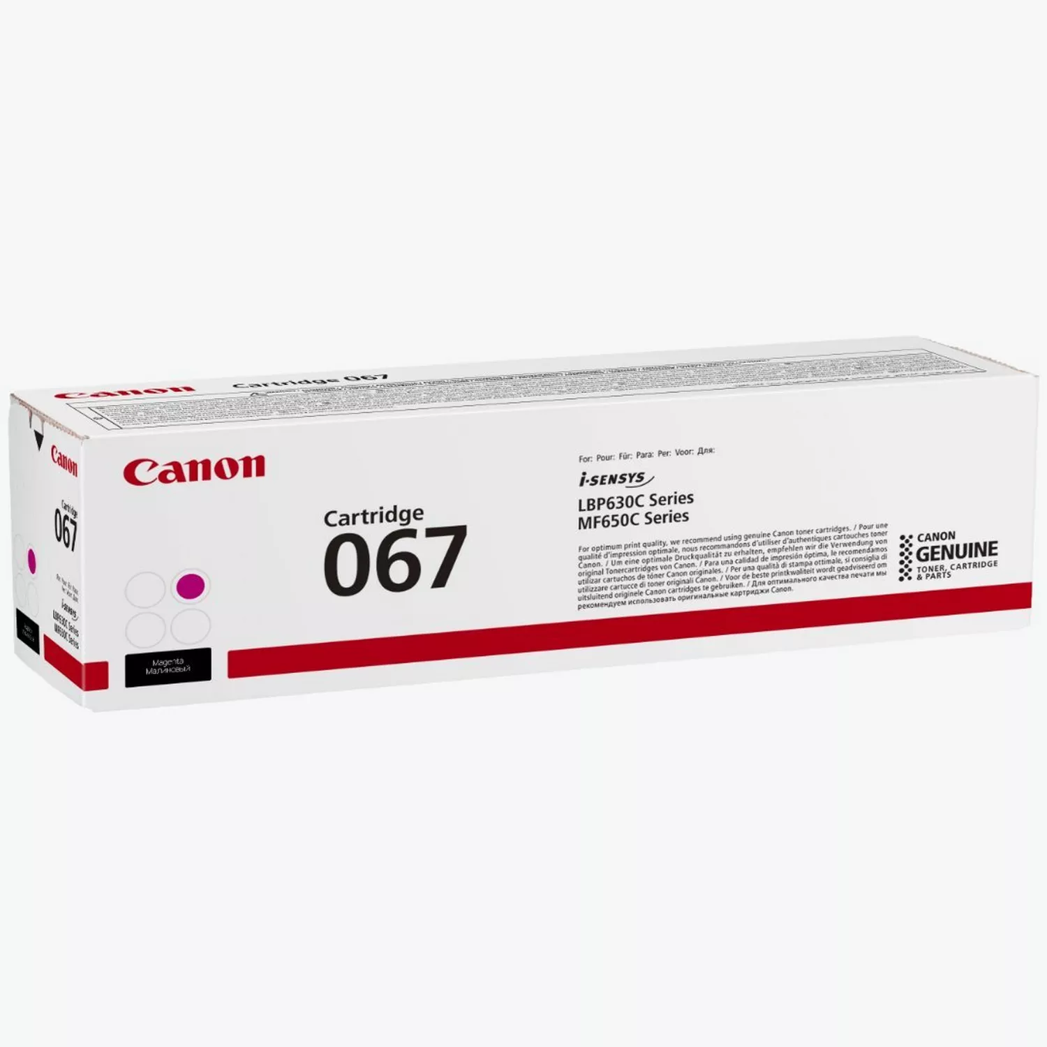 Canon cartridge box. It's white with red text and a magenta ink spot. Text includes '067', 'i-SENSYS' and 'GENUINE'.