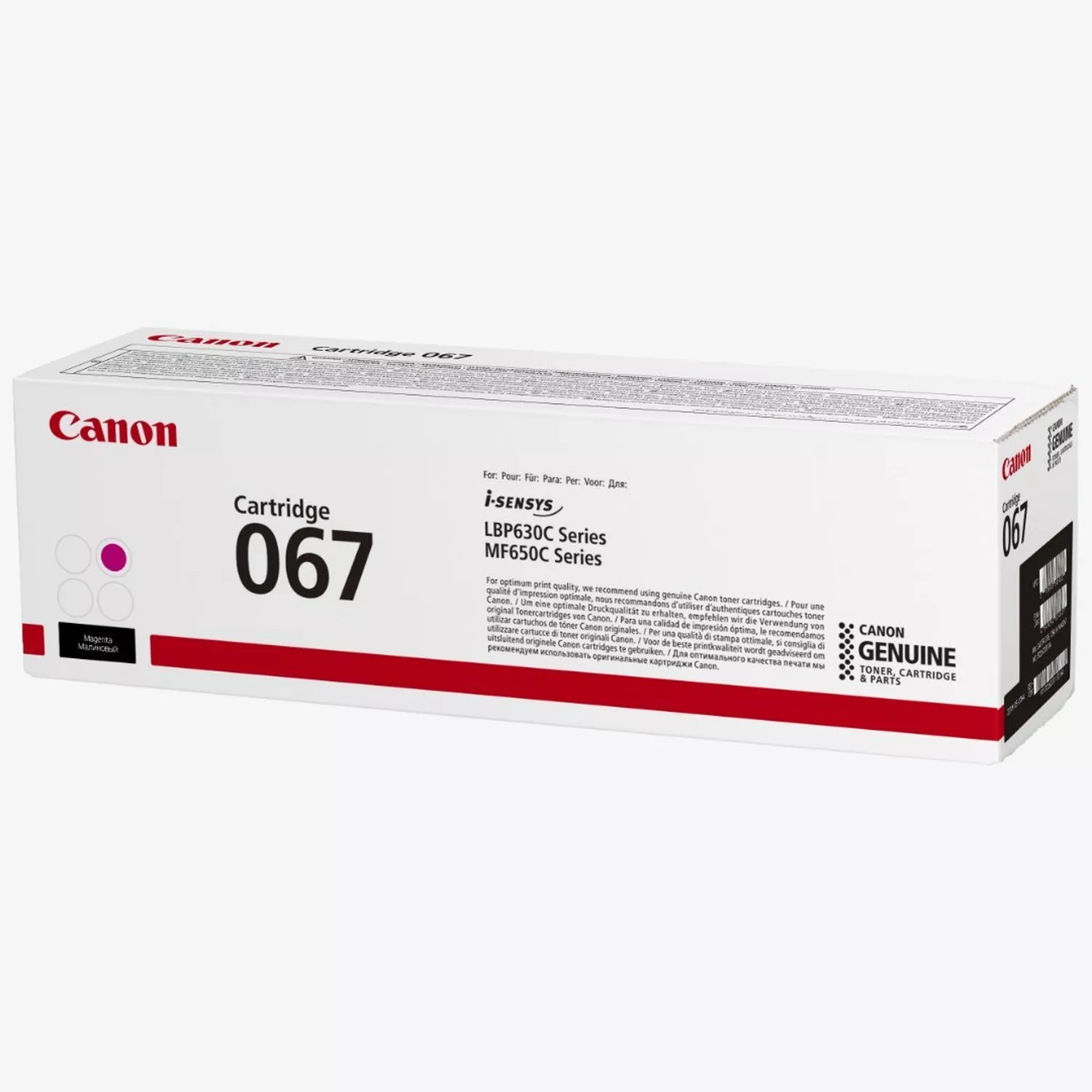 A Canon 067 magenta toner cartridge box. It has the Canon logo, product details, and a magenta color indicator.