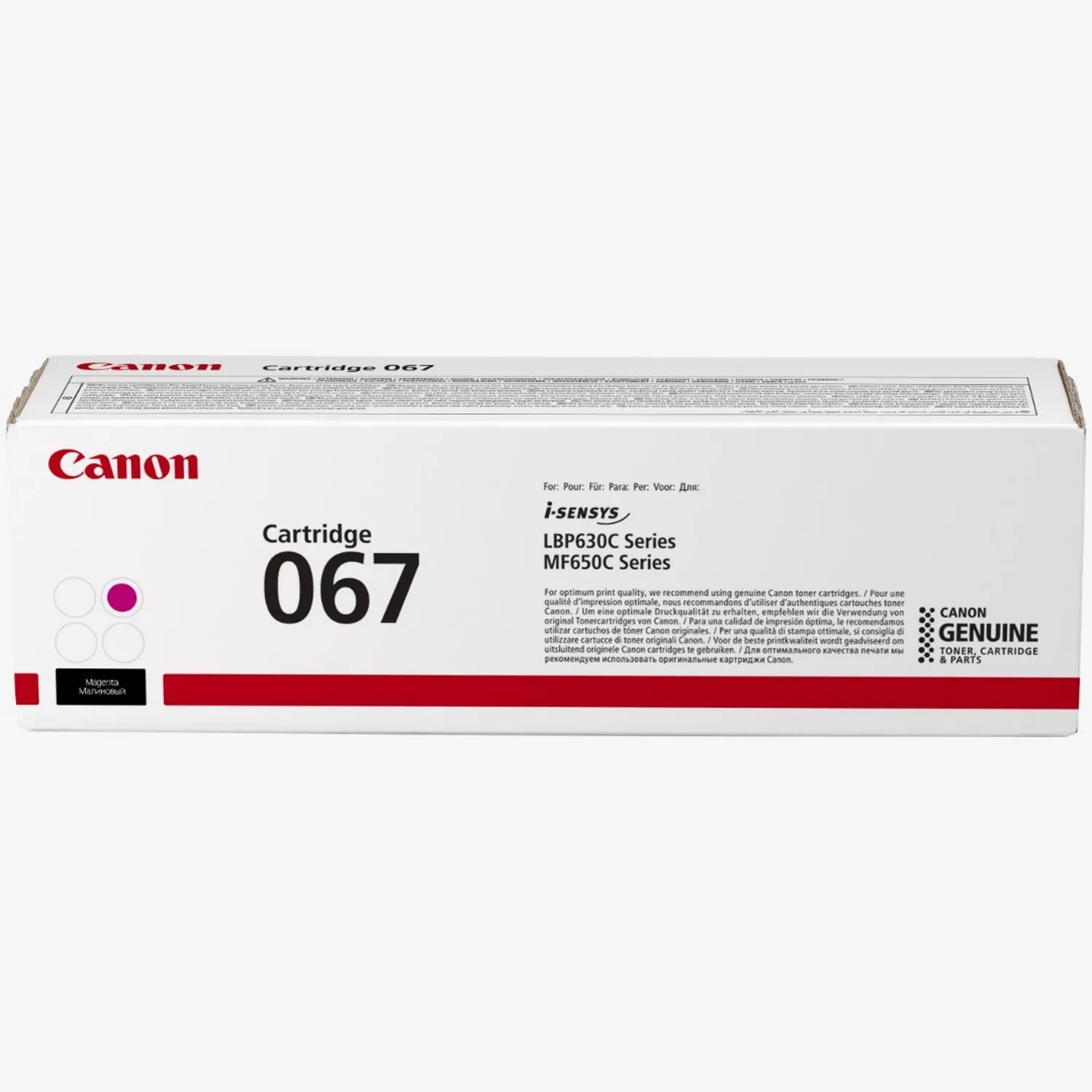 A Canon cartridge box with magenta color, product name Cartridge 067, and Canon logo. Text in multiple languages is present.