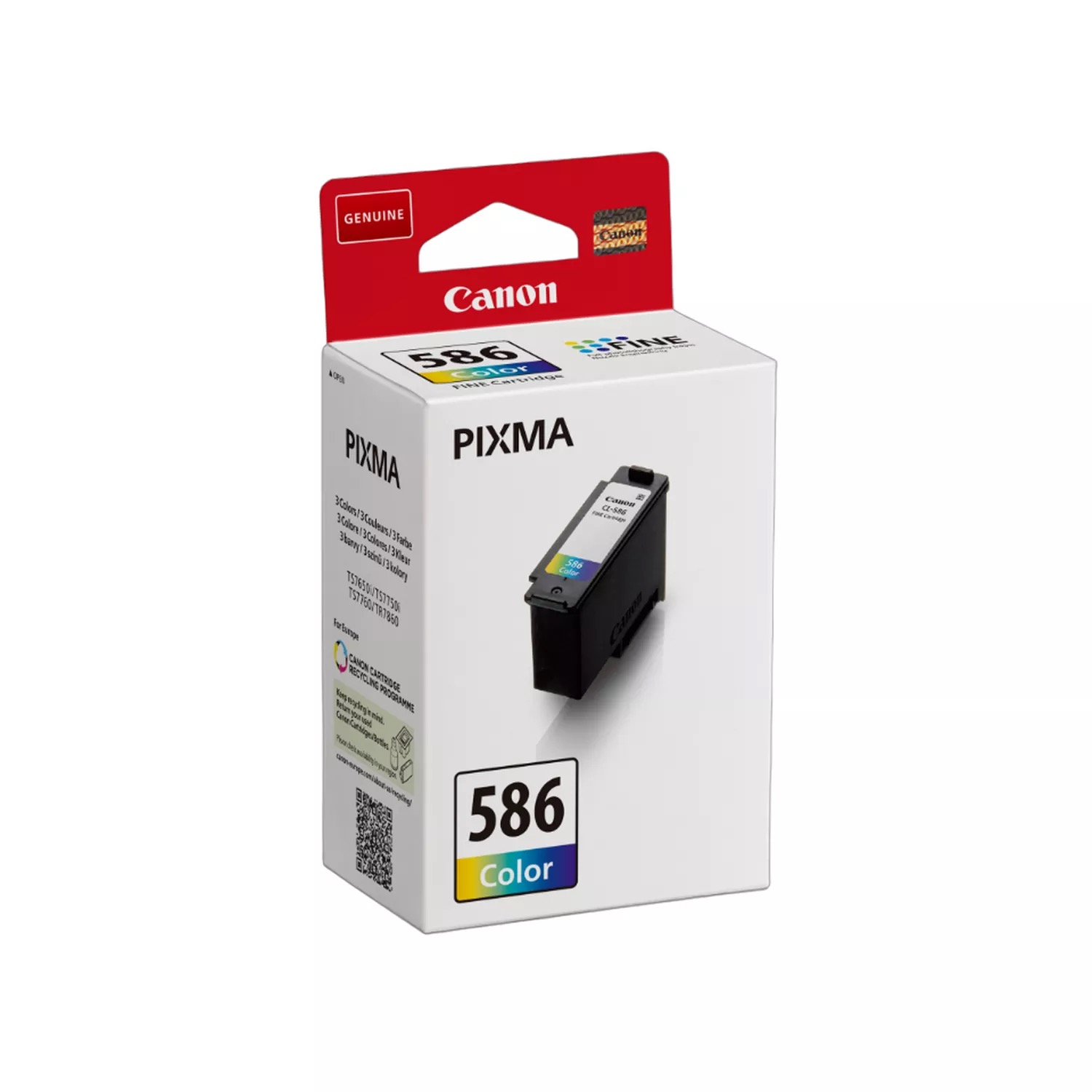 Eine Canon Pixma 586 Farbtintenpatronenbox. Die Box ist weiß mit farbenfrohem Text. Die Patrone ist schwarz.