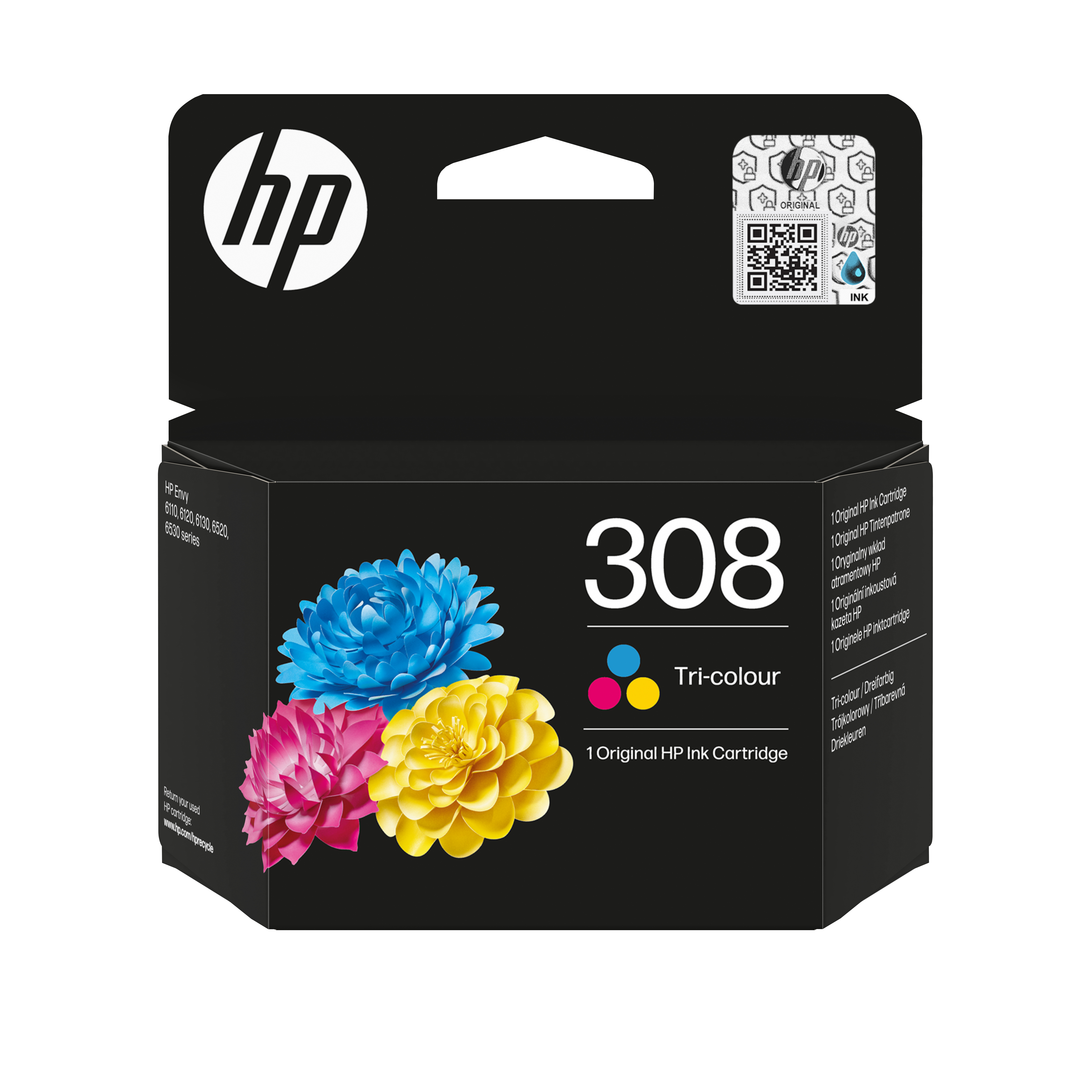 Eine HP-Tintenpatronenbox. Sie zeigt blaue, rosa und gelbe Blumendekorationen mit der Nummer 308 auf der Vorderseite.