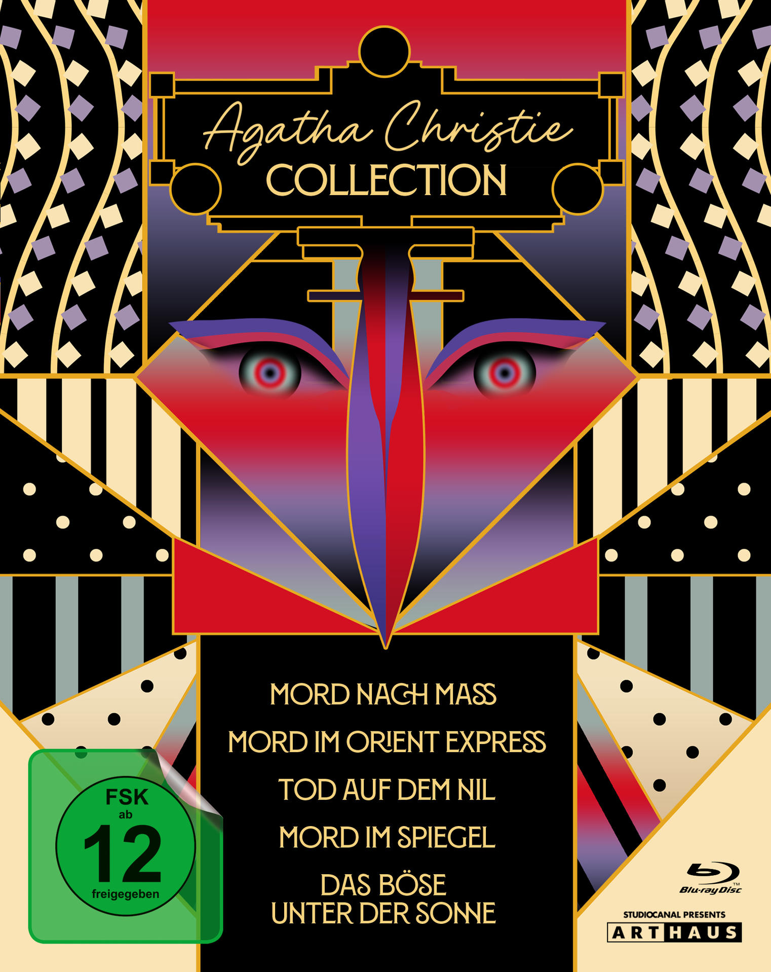 Cover für Agatha Christie Collection Blu-ray. Es hat ein stilisiertes Gesicht, Text und eine grüne Bewertung. Der Hintergrund hat geometrische Formen.