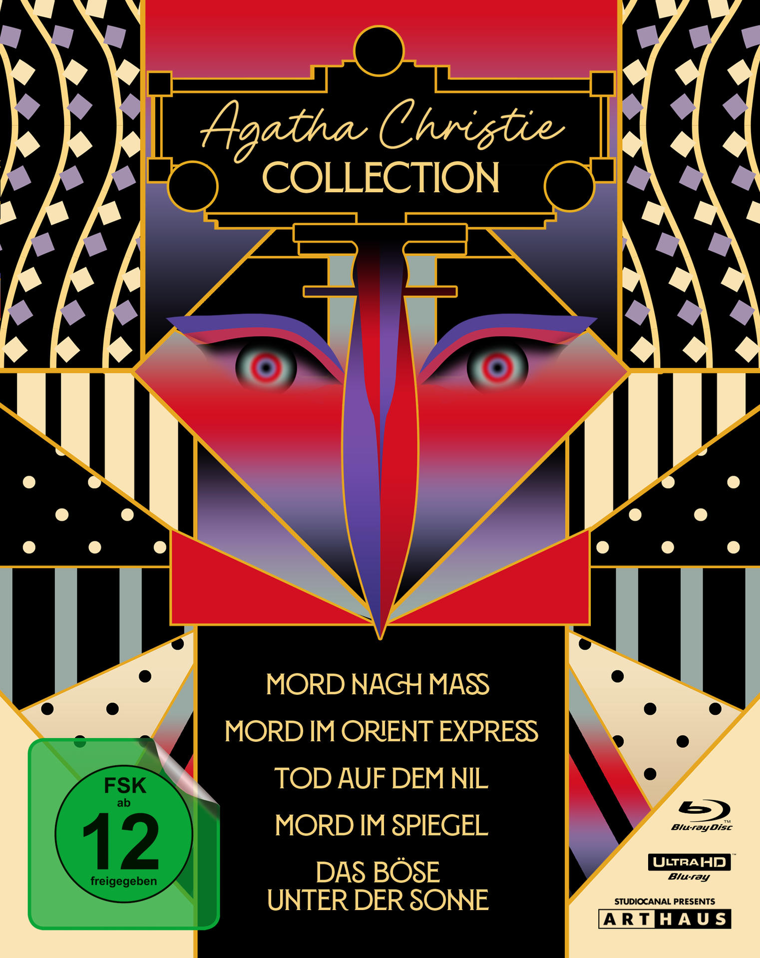 Ein stilisierter Filmplakatentwurf mit einem Gesichtsdesign. Es enthält Text für Agatha Christies Sammlung und eine Bewertung. Die Filmtitel sind aufgelistet.