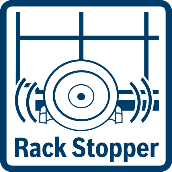 Mavi ve beyaz bir logo. Ortasında bir nokta bulunan tekerlek benzeri bir şekil ve 'Rack Stopper' kelimeleri yer alıyor.