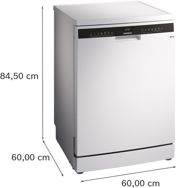 Boyutları belirtilen beyaz bir Siemens bulaşık makinesi. Siyah bir kontrol paneli var. Boyutları 84,50 cm yüksekliğinde ve 60,00 cm genişliğinde.