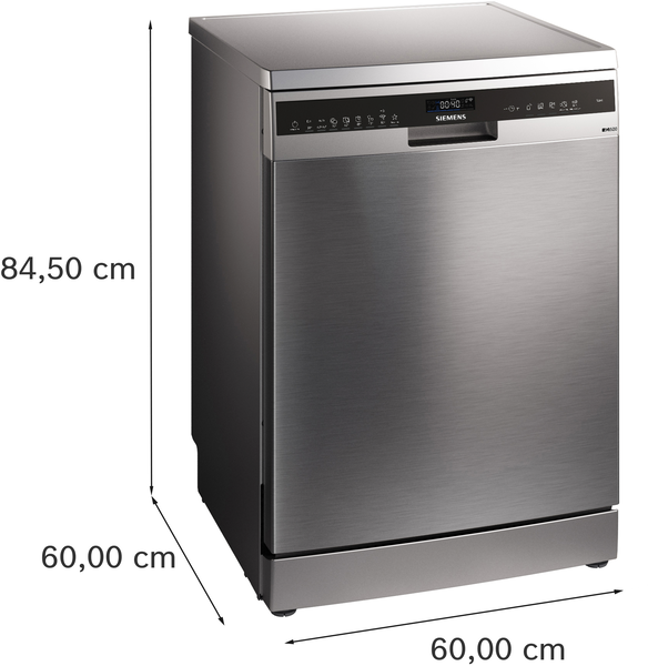Boyutları belirtilen paslanmaz çelik bir bulaşık makinesi: 84,50 cm yükseklik ve 60,00 cm genişlik ve derinlik. Kontrol paneli var.