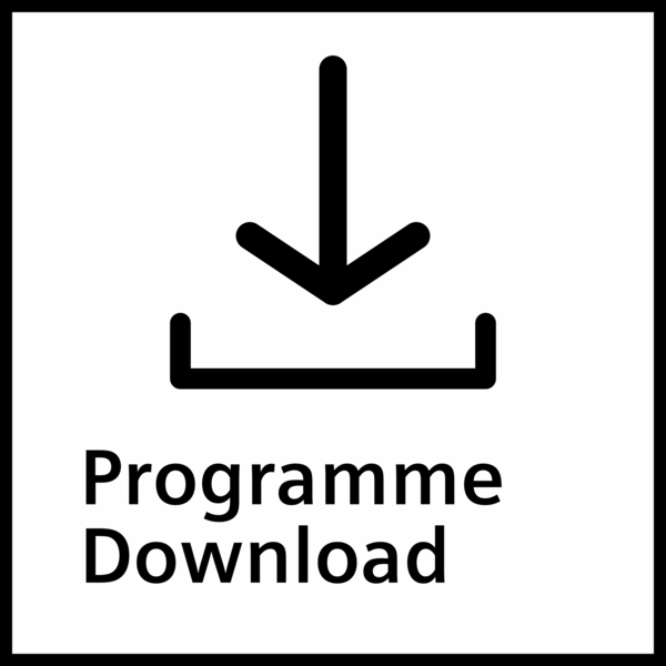 Siyah indirme simgesi, aşağı doğru bir ok ve altında kutu. Metin: 'Programme Download'.
