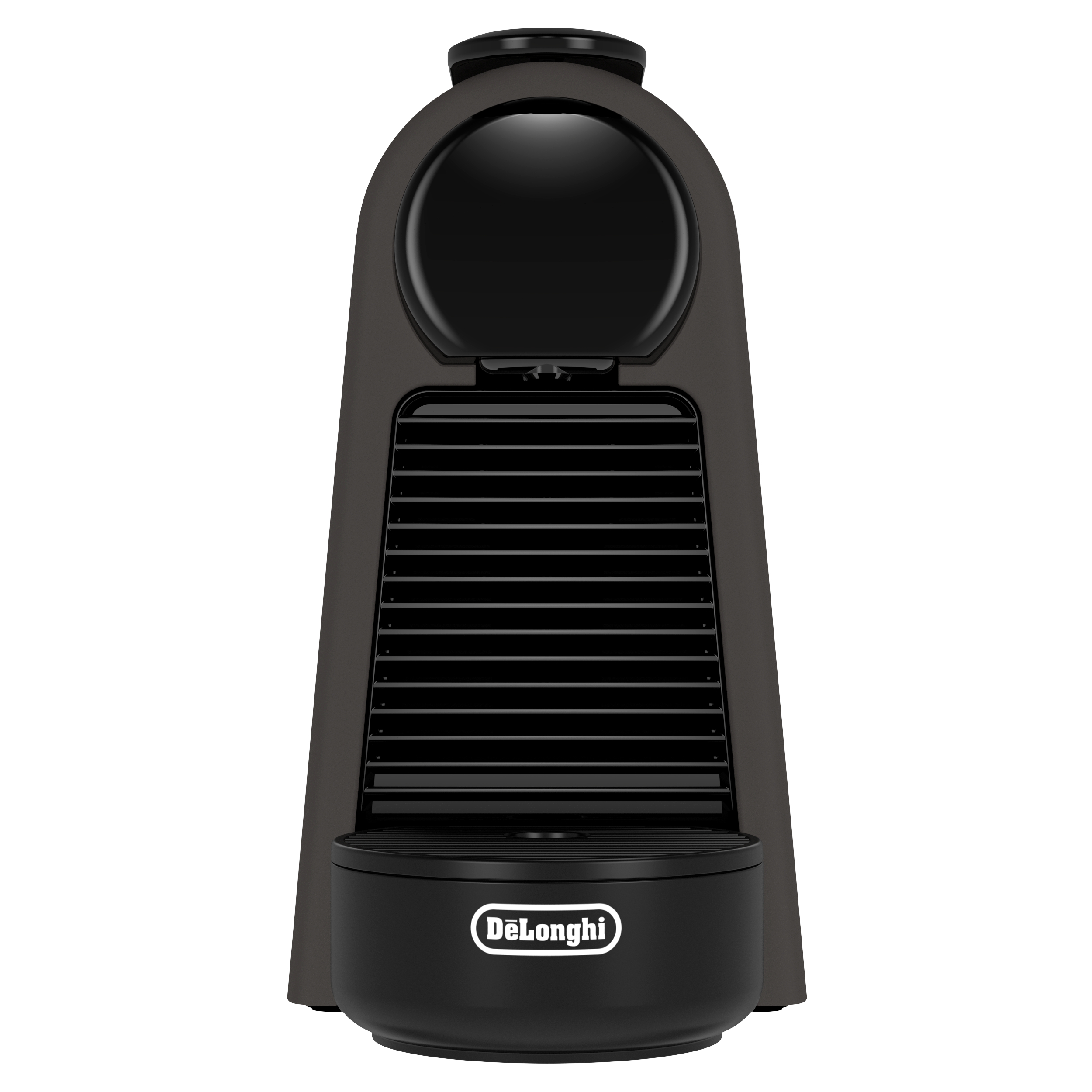 Eine schwarze DeLonghi-Kaffeemaschine. Sie hat ein schlankes Design mit Wassertank, Tassenhalter und DeLonghi-Logo.