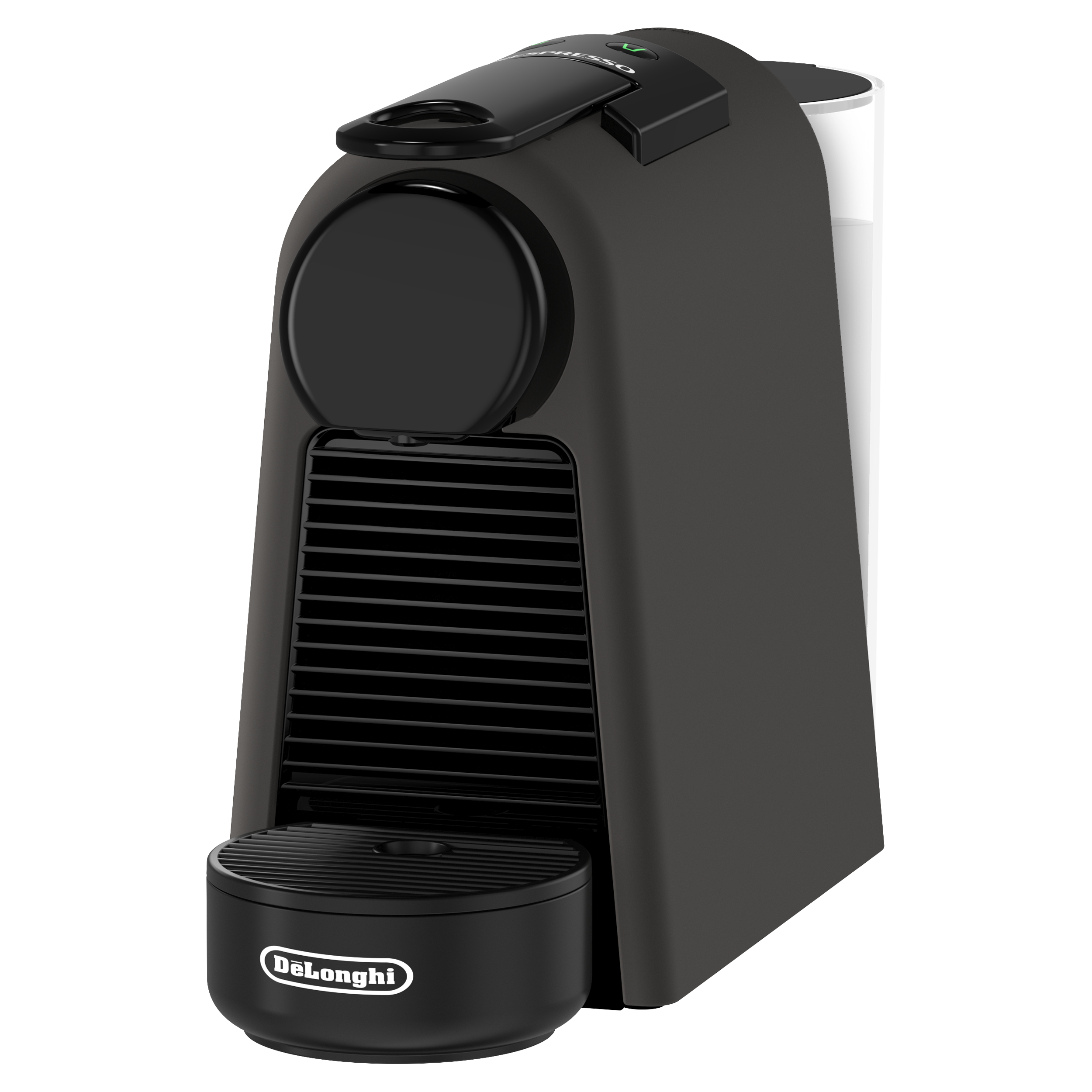 Eine schwarz-graue Delonghi Espressomaschine mit Wassertank und schwarzem Tassenhalter. Sie steht auf weißem Untergrund.