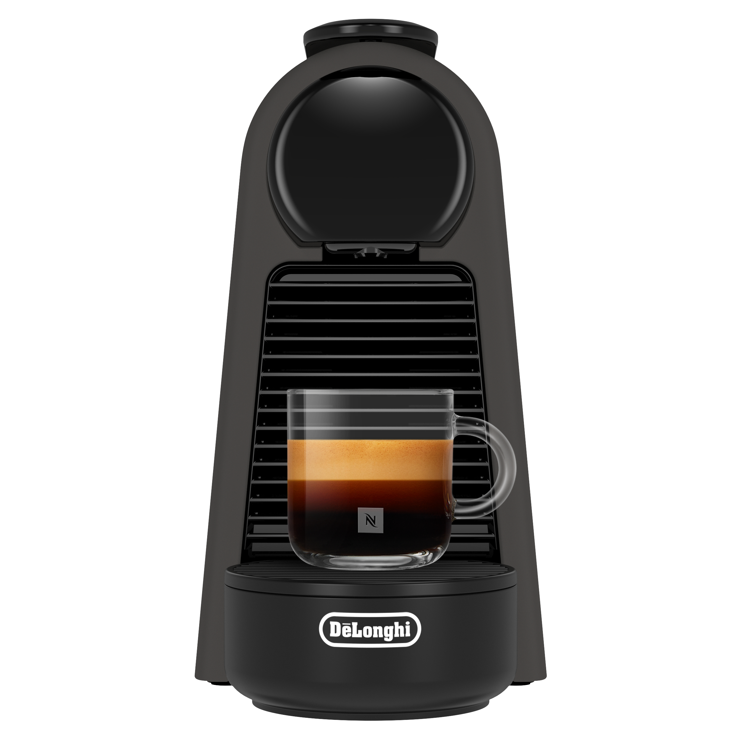 Eine schwarze De'Longhi Nespresso-Maschine mit einem Glas geschichteten Kaffees. Die Maschine hat ein schlankes Design.