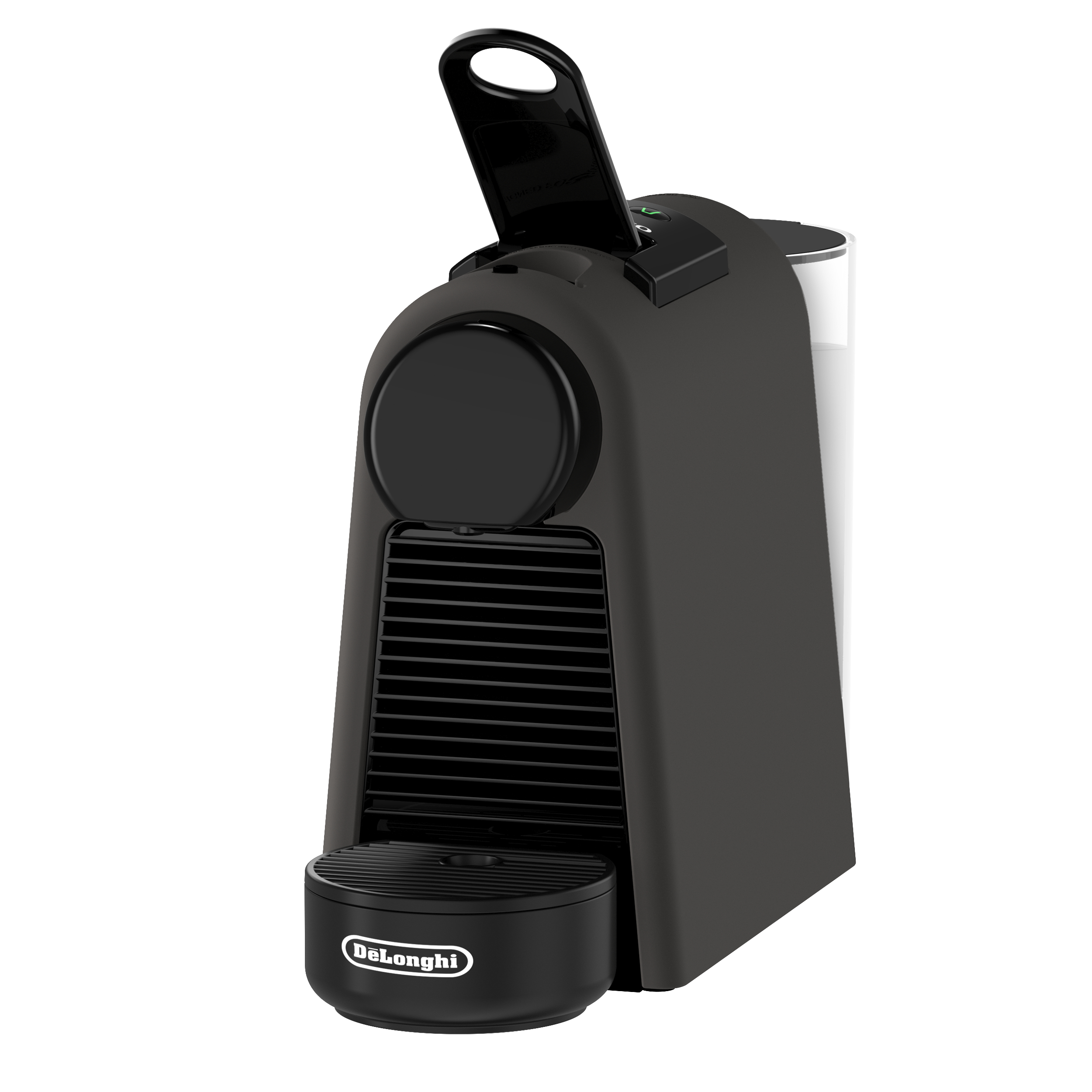 Eine schwarz-graue DeLonghi Kaffeemaschine. Der Deckel ist offen. Die Maschine hat einen Wassertank an der Seite.