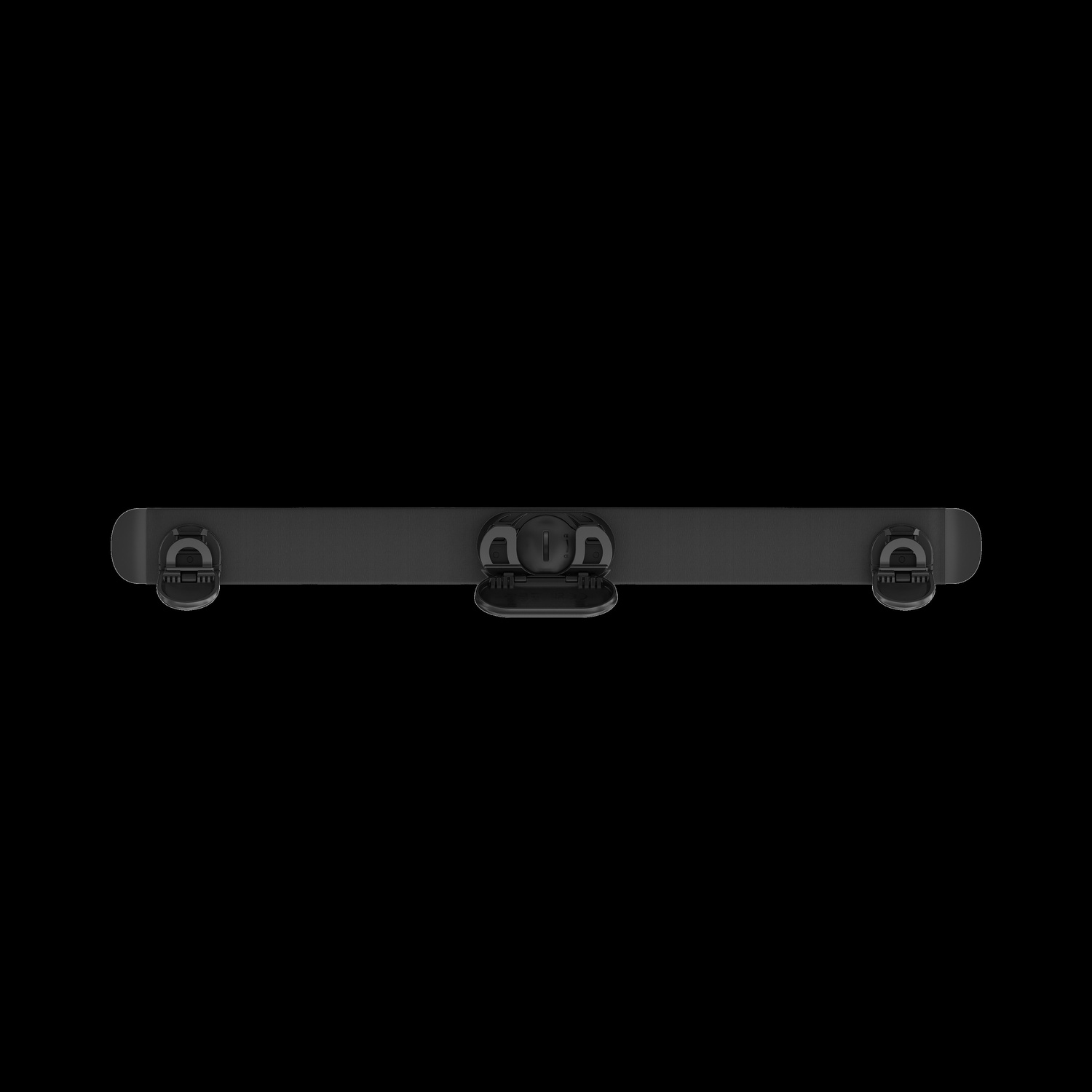 Un dispositivo nero con bordi arrotondati, clip e una maniglia centrale, centrato su uno sfondo nero.