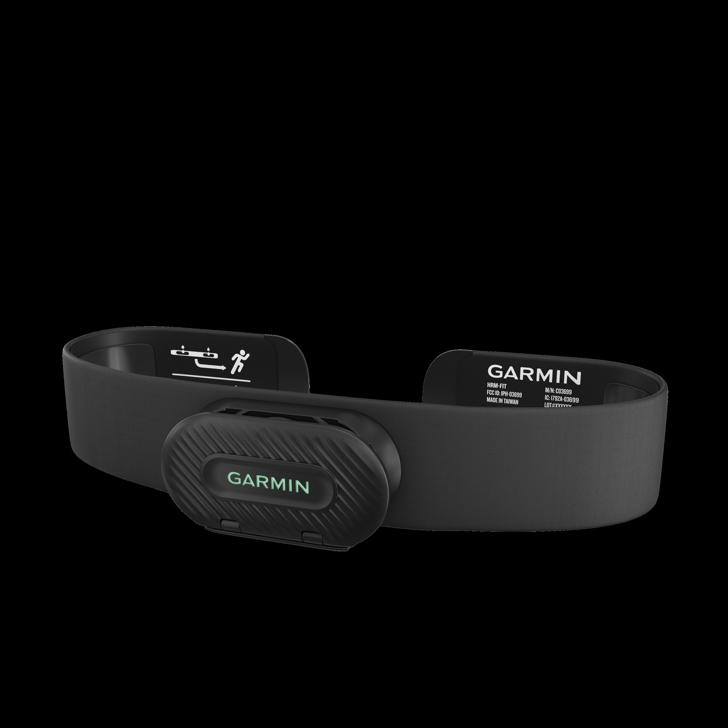Un cardiofrequenzimetro Garmin HRM-Fit nero. È dotato di cinturino con logo Garmin e sensore centrale.