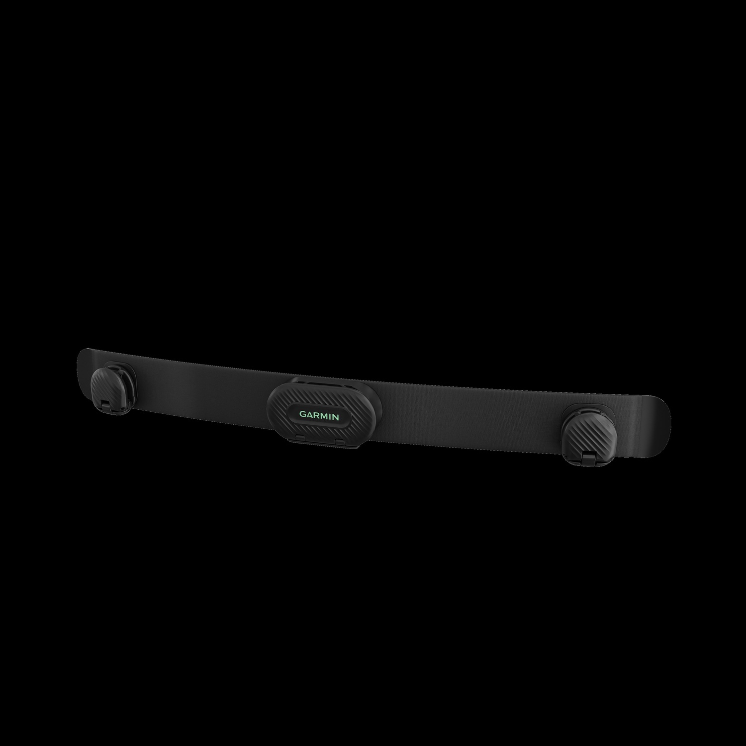 Cardiofrequenzimetro Garmin nero con cinturino nero. Ha sensori e il logo Garmin.