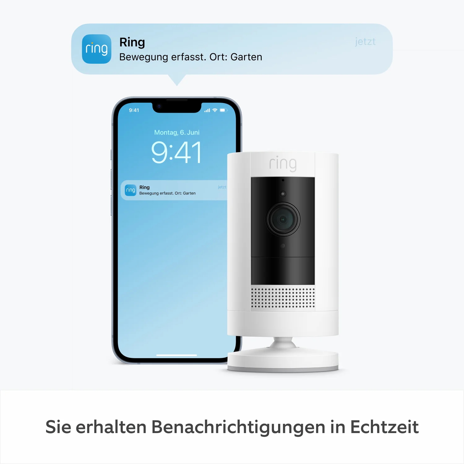 Eine Ring-Sicherheitskamera, ein Smartphone mit einer Benachrichtigung und eine Sprechblase. Die Szene deutet auf Echtzeit-Sicherheitswarnungen hin.