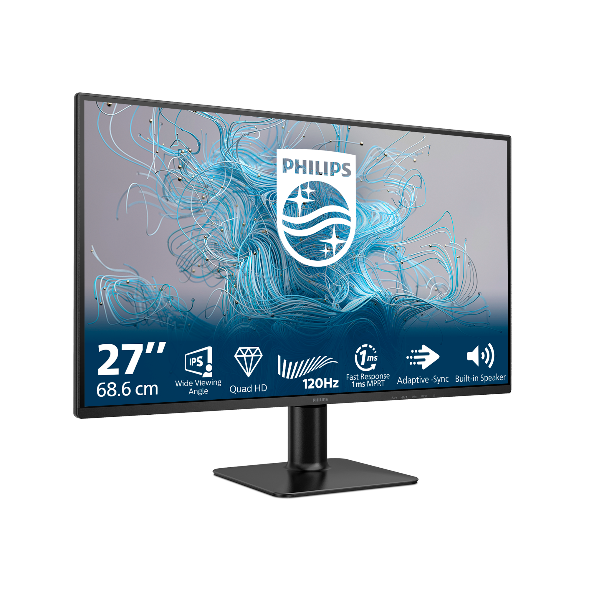 Ein Philips-Monitor. Er ist schwarz, hat einen 27-Zoll-Bildschirm und zeigt eine Grafik mit blauen Linien. Er hat einen schwarzen Ständer.