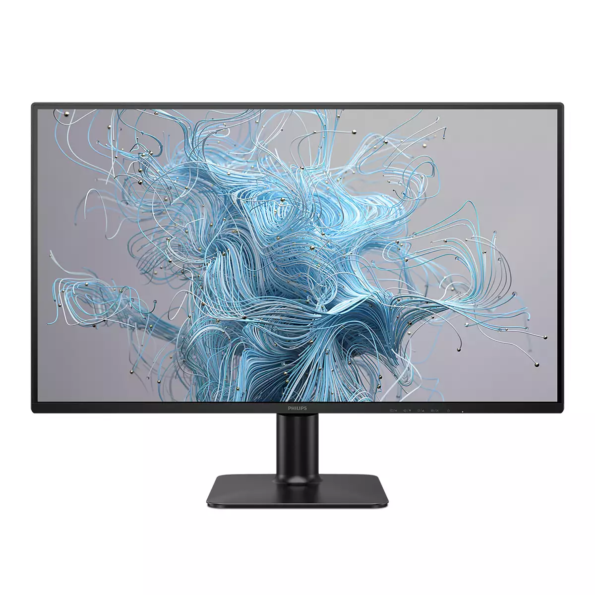 Ein Philips-Monitor zeigt ein blaues, abstraktes Design aus wirbelnden Linien und kleinen Kugeln vor grauem Hintergrund. Der Monitor ist schwarz.