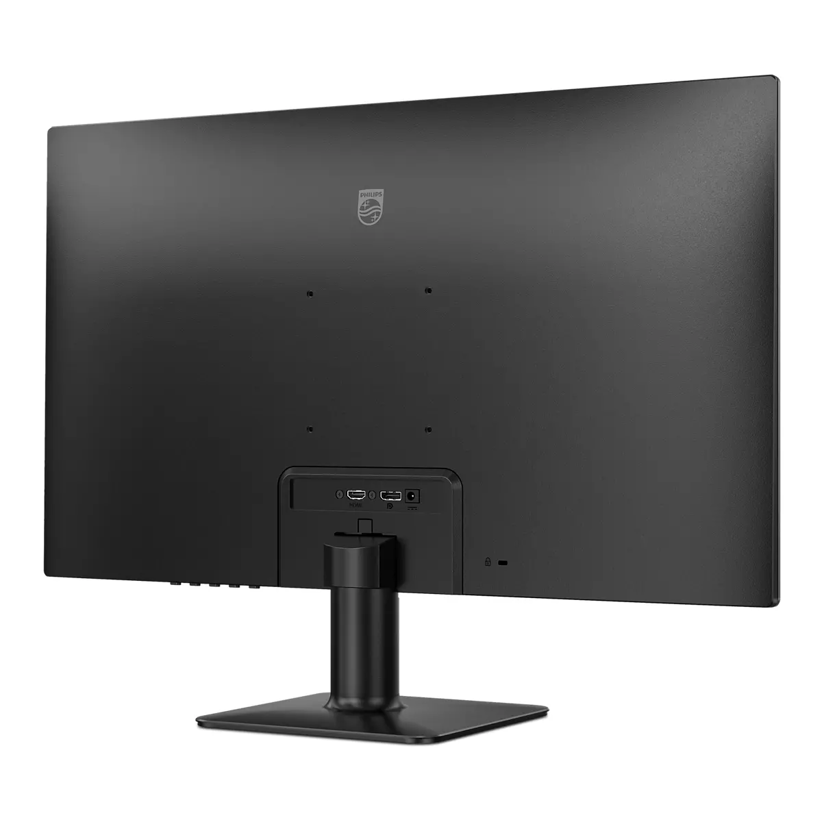 Rückansicht eines schwarzen Philips-Monitors. Er hat einen Standfuß, Anschlüsse und das Philips-Logo. Der Monitor steht auf weißem Hintergrund.