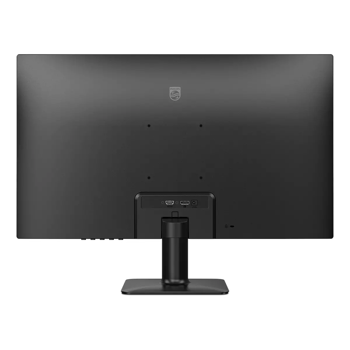 Rückansicht eines schwarzen Philips-Monitors. Er hat einen Ständer, Anschlüsse und ein Logo oben. Der Bildschirm ist aus.
