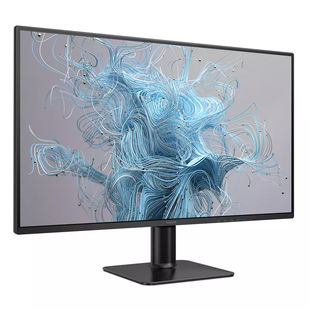 Ein schwarzer Philips-Monitor zeigt blaue, abstrakte Linien und Kugeln auf grauem Hintergrund. Er hat einen schwarzen Ständer auf einer weißen Oberfläche.