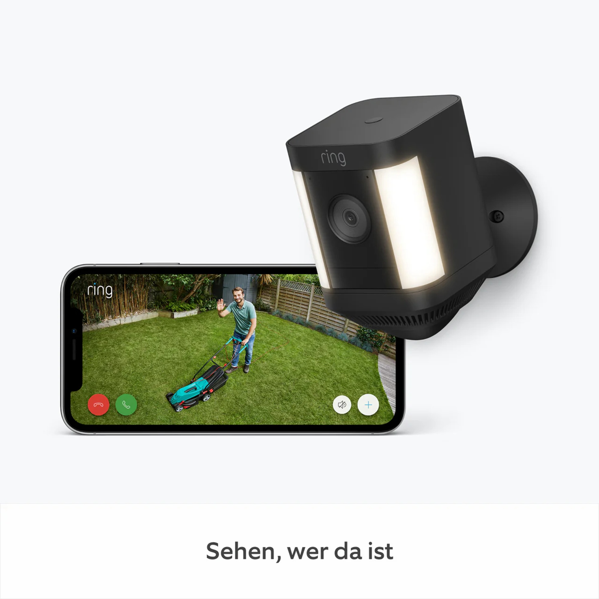 Eine Ring-Sicherheitskamera mit einem Telefon, das einen Mann beim Rasenmähen zeigt, mit einem Ring-App-Anrufbildschirm.