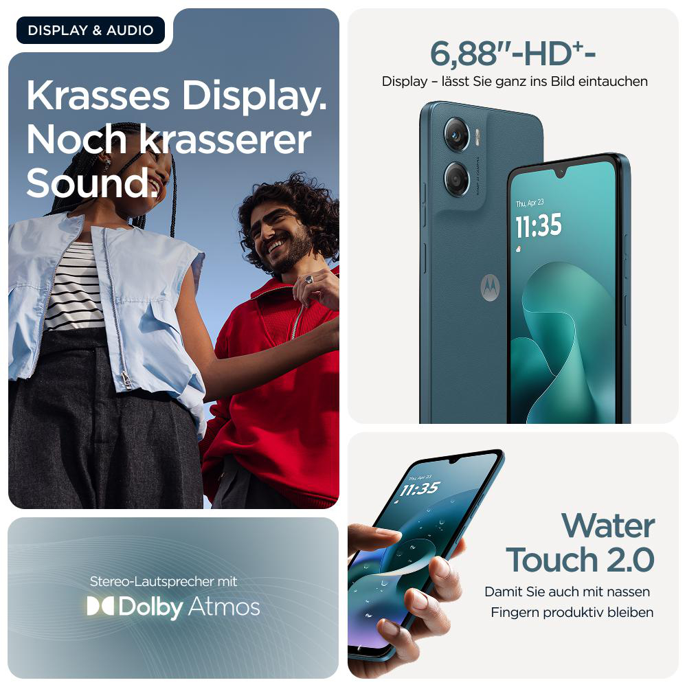 Ein Werbebild zeigt ein Telefon mit großem Bildschirm und Dolby Atmos. Zwei Personen lächeln im Hintergrund.