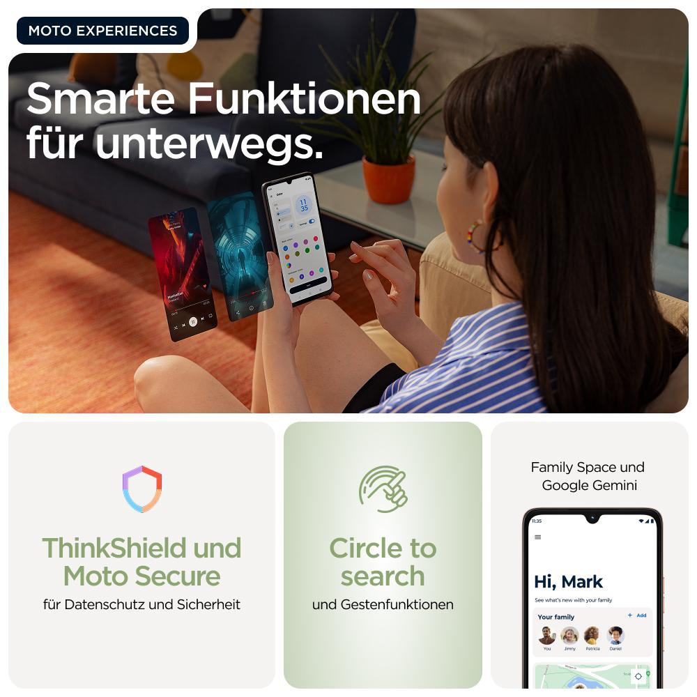Eine Frau hält ein Smartphone mit drei verschiedenen Bildschirmen. Funktionen: ThinkShield, Circle to Search und Family Space.