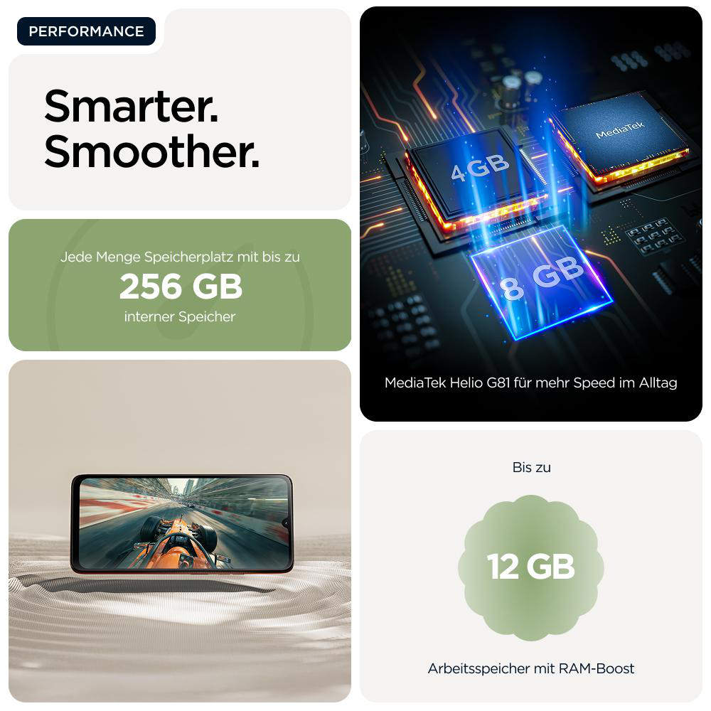 Bild zeigt Telefonspezifikationen: Leistung, Speicher bis zu 256 GB, 4 GB/8 GB RAM, MediaTek Helio G81 und RAM-Boost bis zu 12 GB.