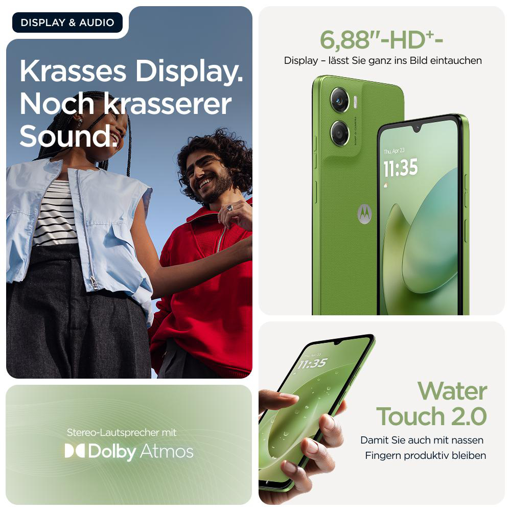 Anzeige zeigt ein grünes Telefon mit einer Person, die den Bildschirm berührt. Text hebt Display- und Audiofunktionen hervor. Zwei Personen im Hintergrund.