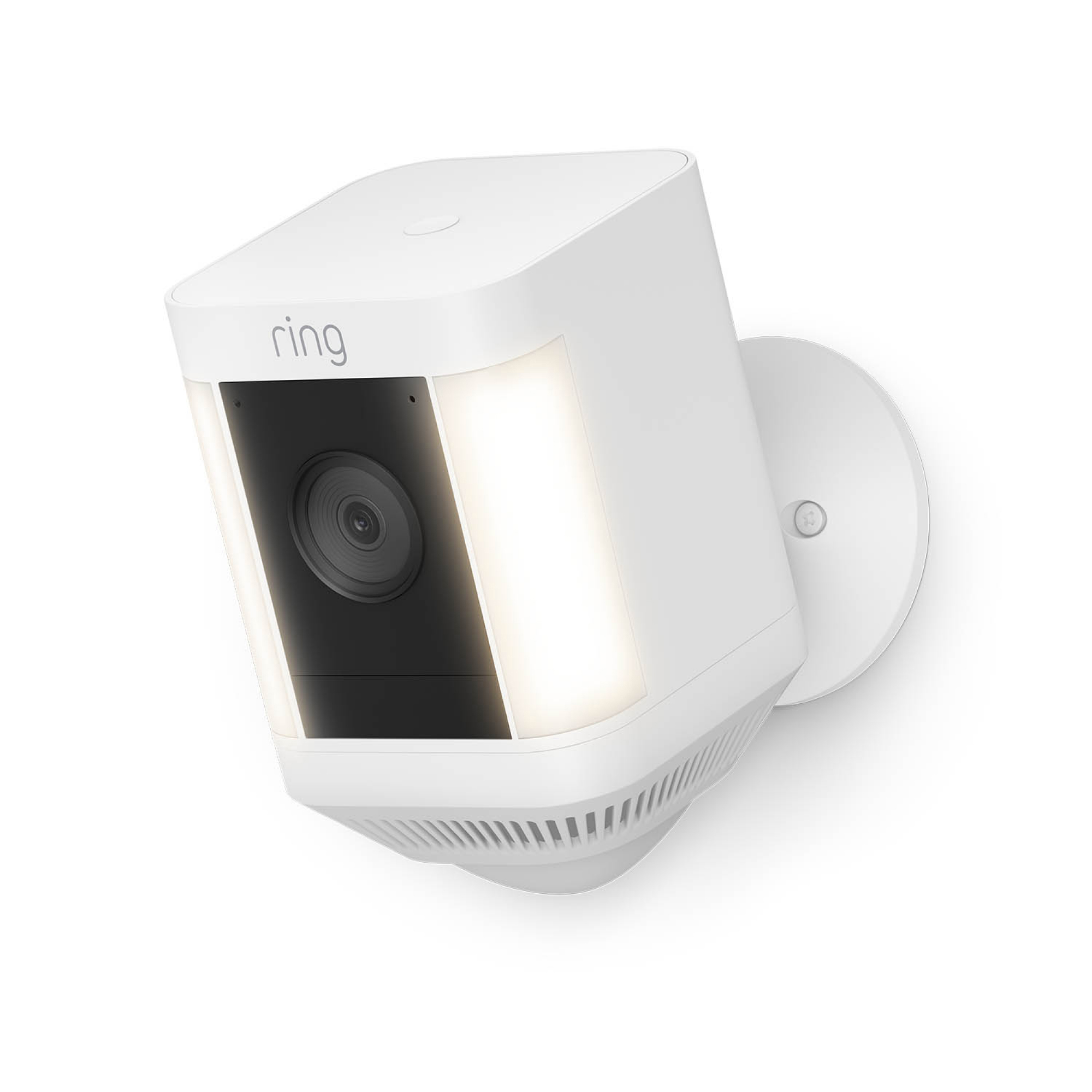 Weiße Ring-Überwachungskamera mit schwarzem Objektiv und hellem Licht. Die Kamera ist an einer weißen Wand montiert.