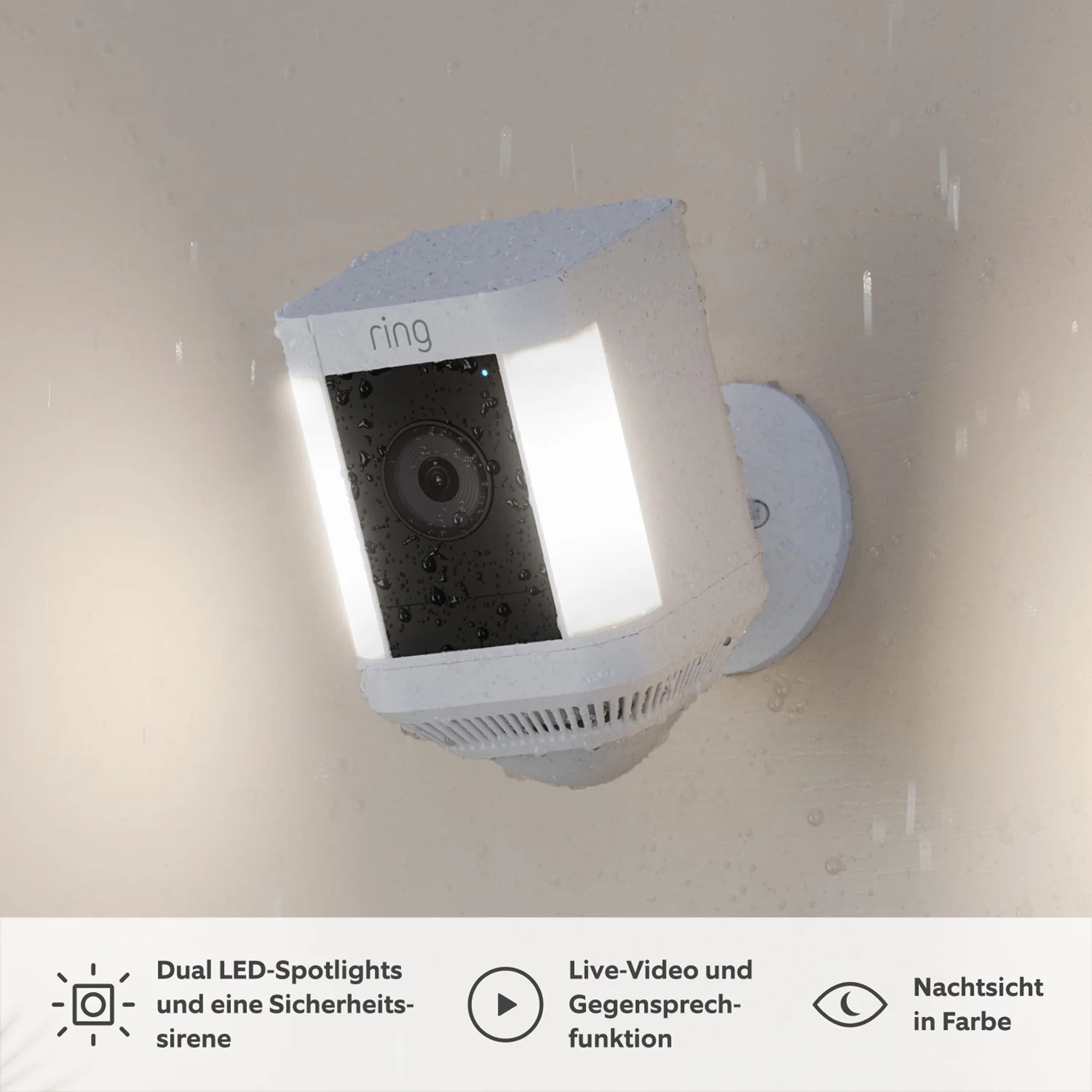 Eine weiße Ring-Überwachungskamera ist an einer Wand montiert, mit Regentropfen. Sie hat LED-Leuchten und ein Kameraobjektiv.