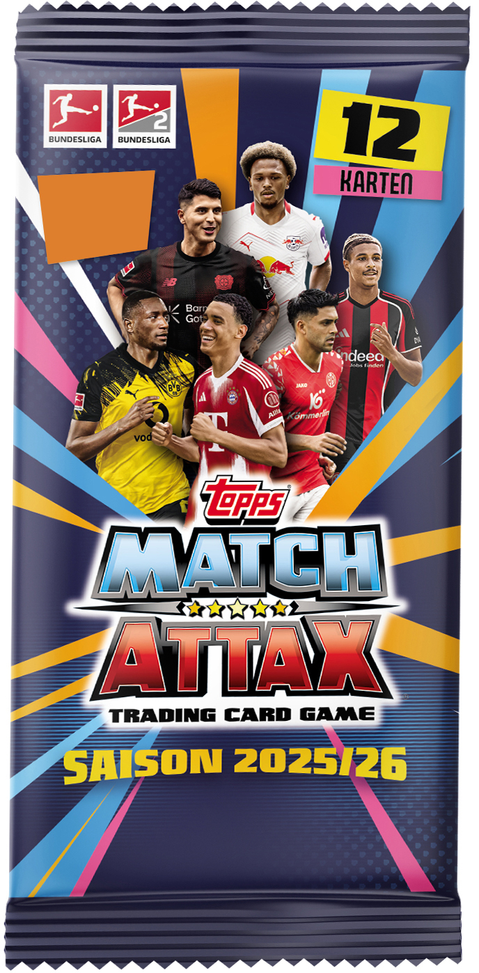 Eine Sammelkartenpackung mit Fußballspielern. Es hat ein Topps Match Attax-Logo und Bundesliga-Logos, mit 'SAISON 2025/26'.