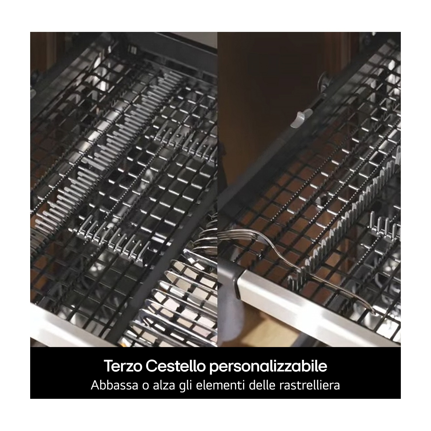Interno della lavastoviglie con cestelli personalizzabili. Posate e piatti sono caricati. Il fondo ha una barra di testo nera con testo italiano.