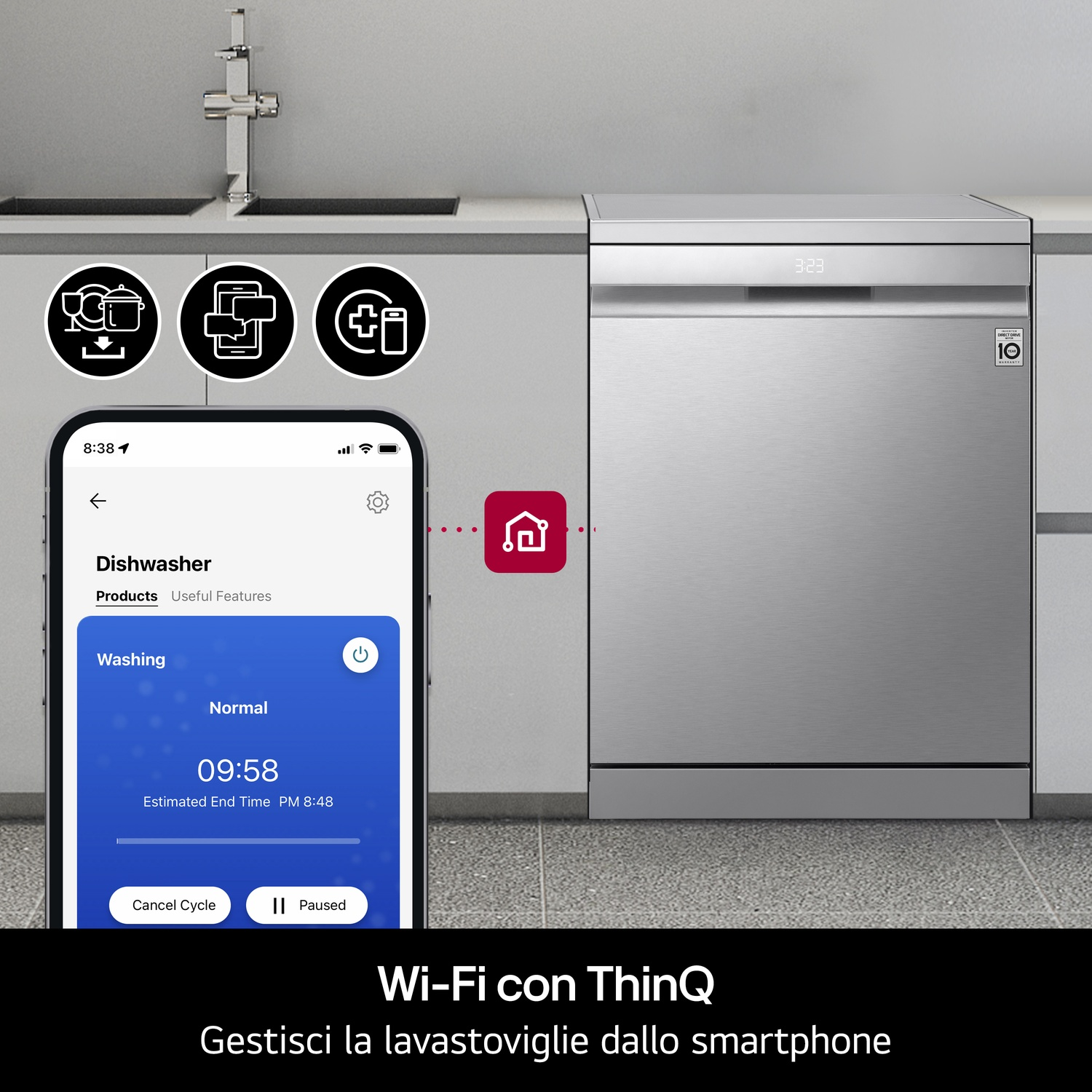 Uno smartphone controlla una lavastoviglie tramite Wi-Fi. La lavastoviglie mostra 3:23 e le icone vengono visualizzate sul telefono e sopra.