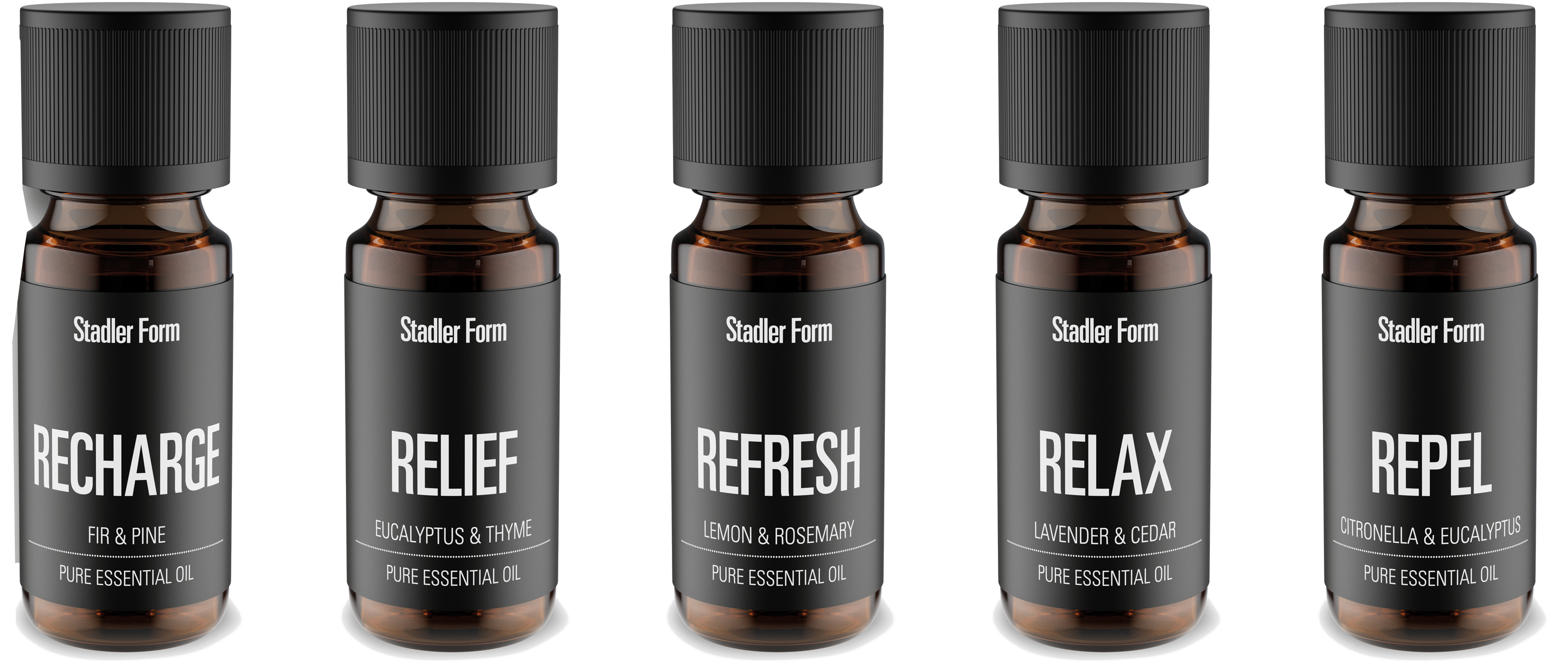 Fünf Stadler Form ätherische Ölflaschen mit den Bezeichnungen: Recharge, Relief, Refresh, Relax und Repel. Jede hat ein schwarzes Etikett.