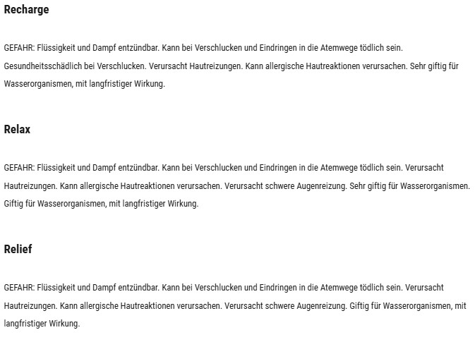 Text auf Deutsch, der vor den Gefahren eines Produkts warnt: entzündbare Flüssigkeit und Dampf, kann tödlich sein.