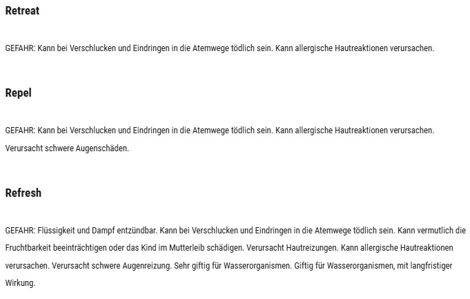 Das Bild zeigt Text. Es enthält Überschriften wie 'Retreat', 'Repel' und 'Refresh', gefolgt von Gefahrenhinweisen auf Deutsch.