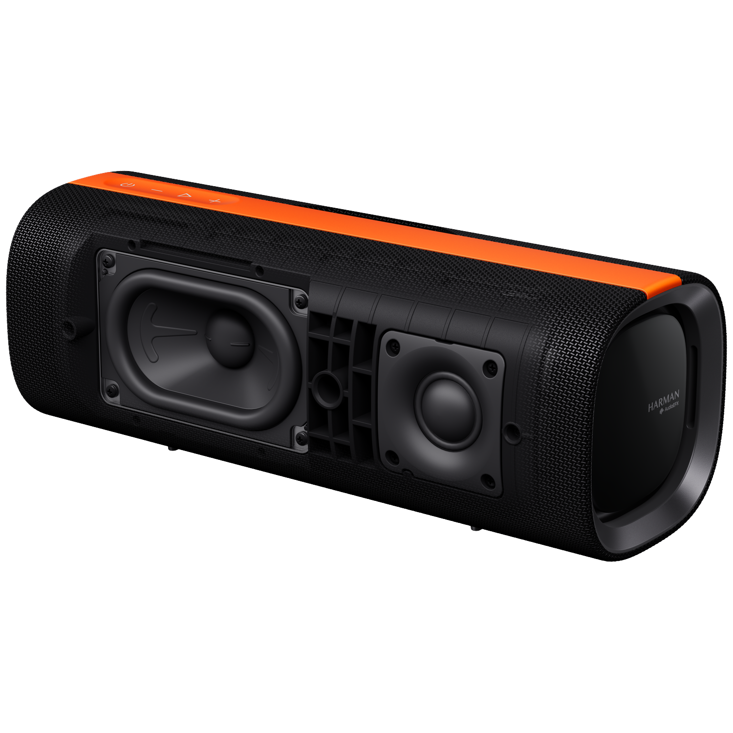 A black and orange Harman speaker with two visible speakers and the Harman logo on the side.