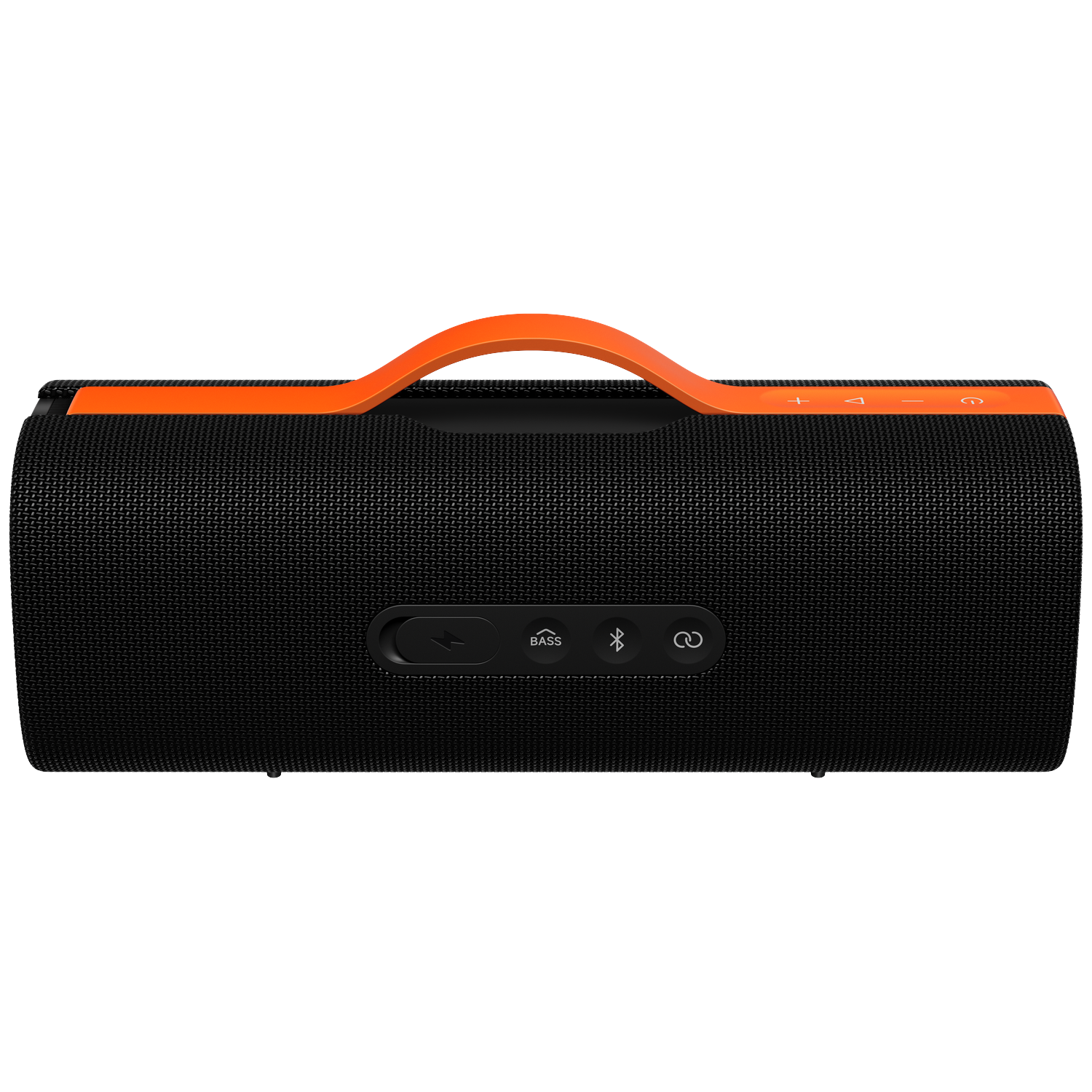 Black and orange portable speaker with a handle. Features power, volume, and bass buttons. Bluetooth and pairing symbols are visible.