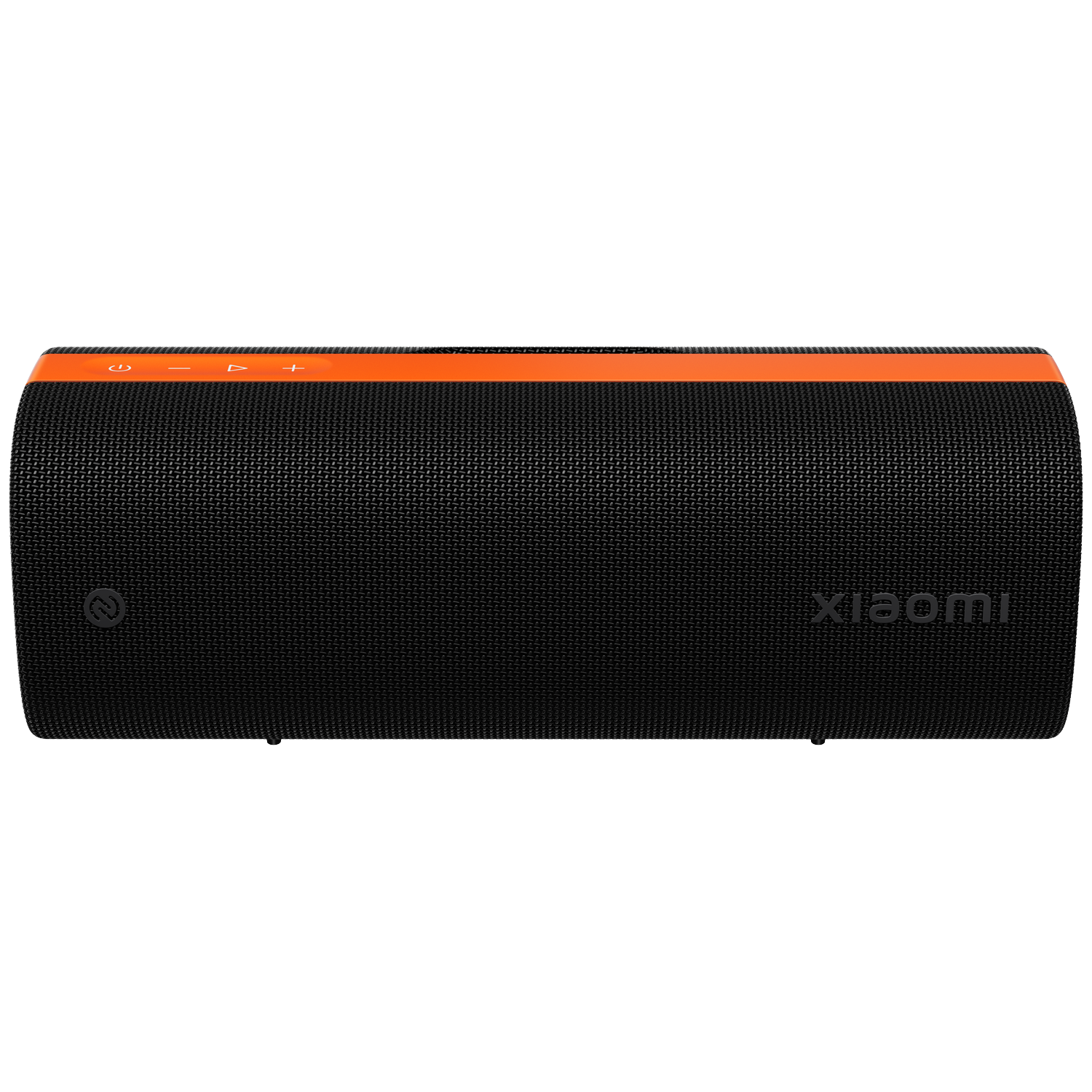 Black Xiaomi speaker with orange accents. Features power, volume, and play/pause buttons. Xiaomi logo on the front.