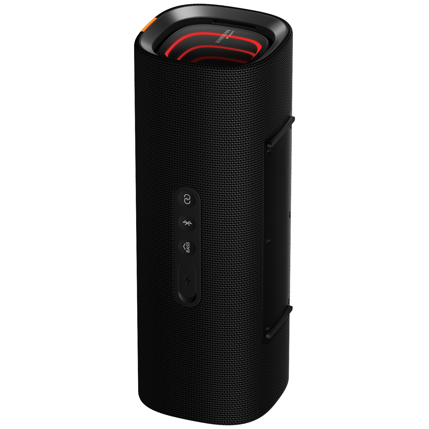 A black cylindrical speaker with orange and red accents. It has control buttons and a mesh fabric exterior. Harman logo visible.