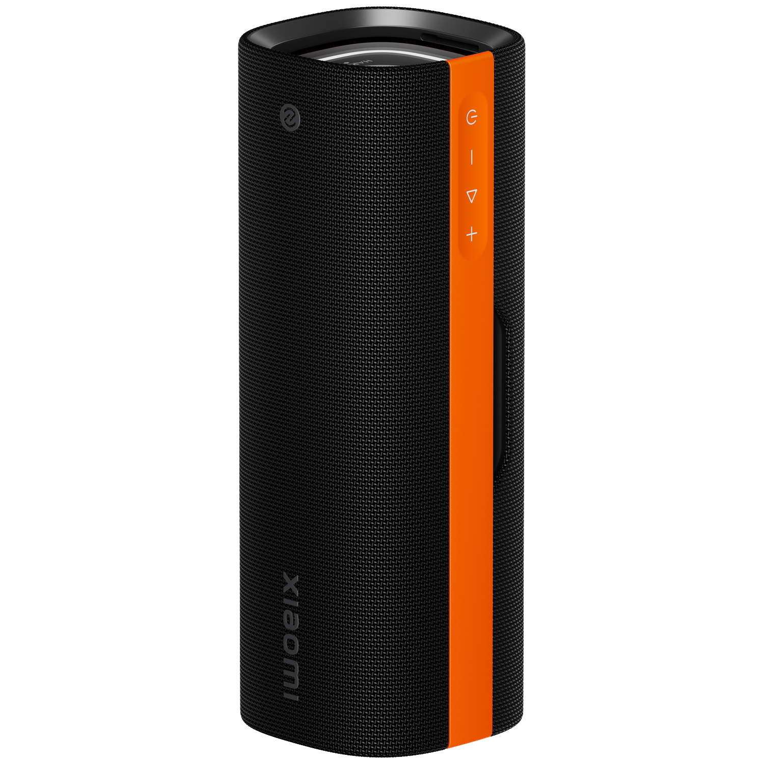 A black cylindrical speaker with an orange stripe. It has power and volume buttons. The Xiaomi logo is visible.