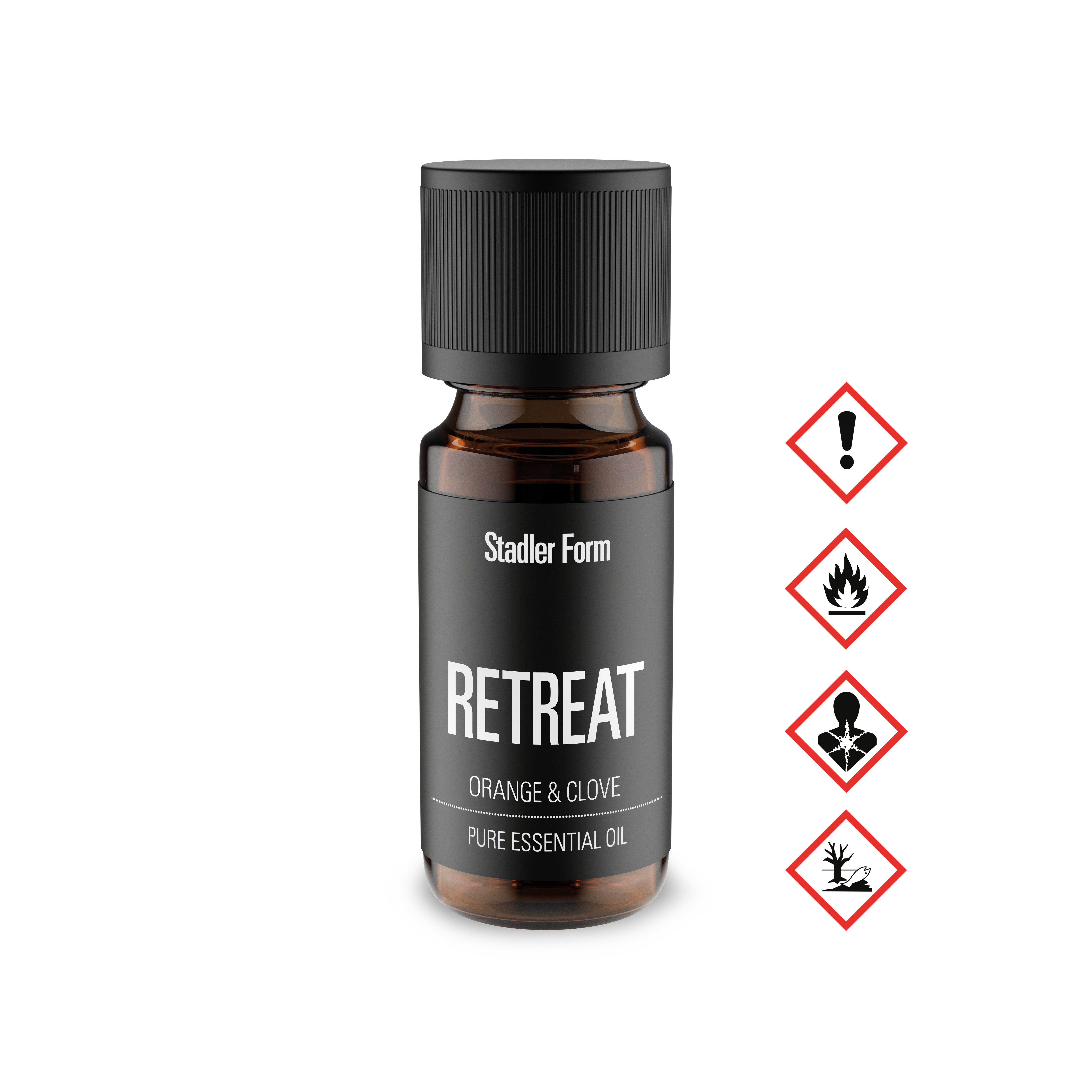 Eine Flasche ätherisches Öl mit der Aufschrift 'Retreat Orange & Clove'. Gefahrensymbole sind vorhanden.
