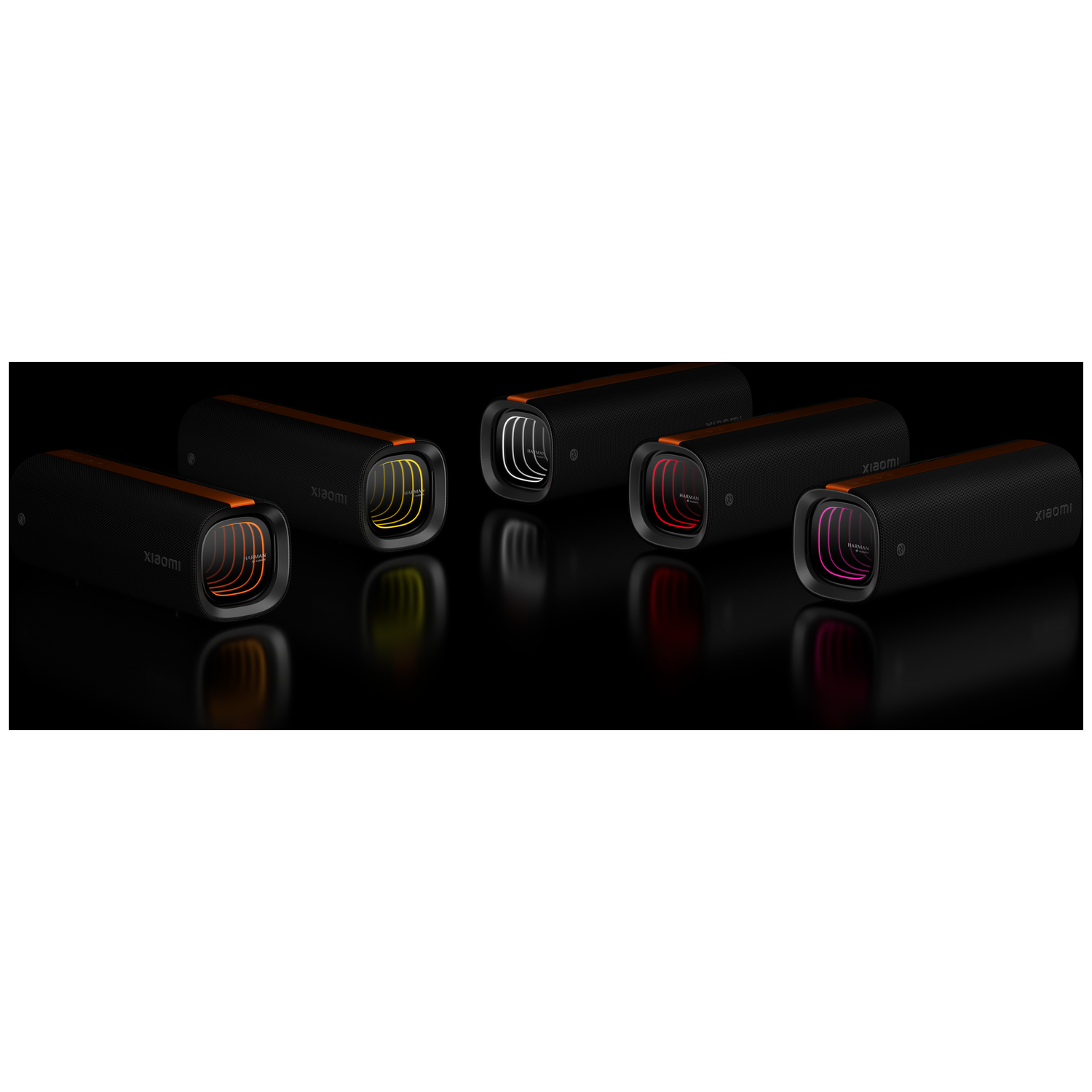 Six black speakers with colorful light displays. Each has orange trim and the Xiaomi logo. The background is black with reflections.