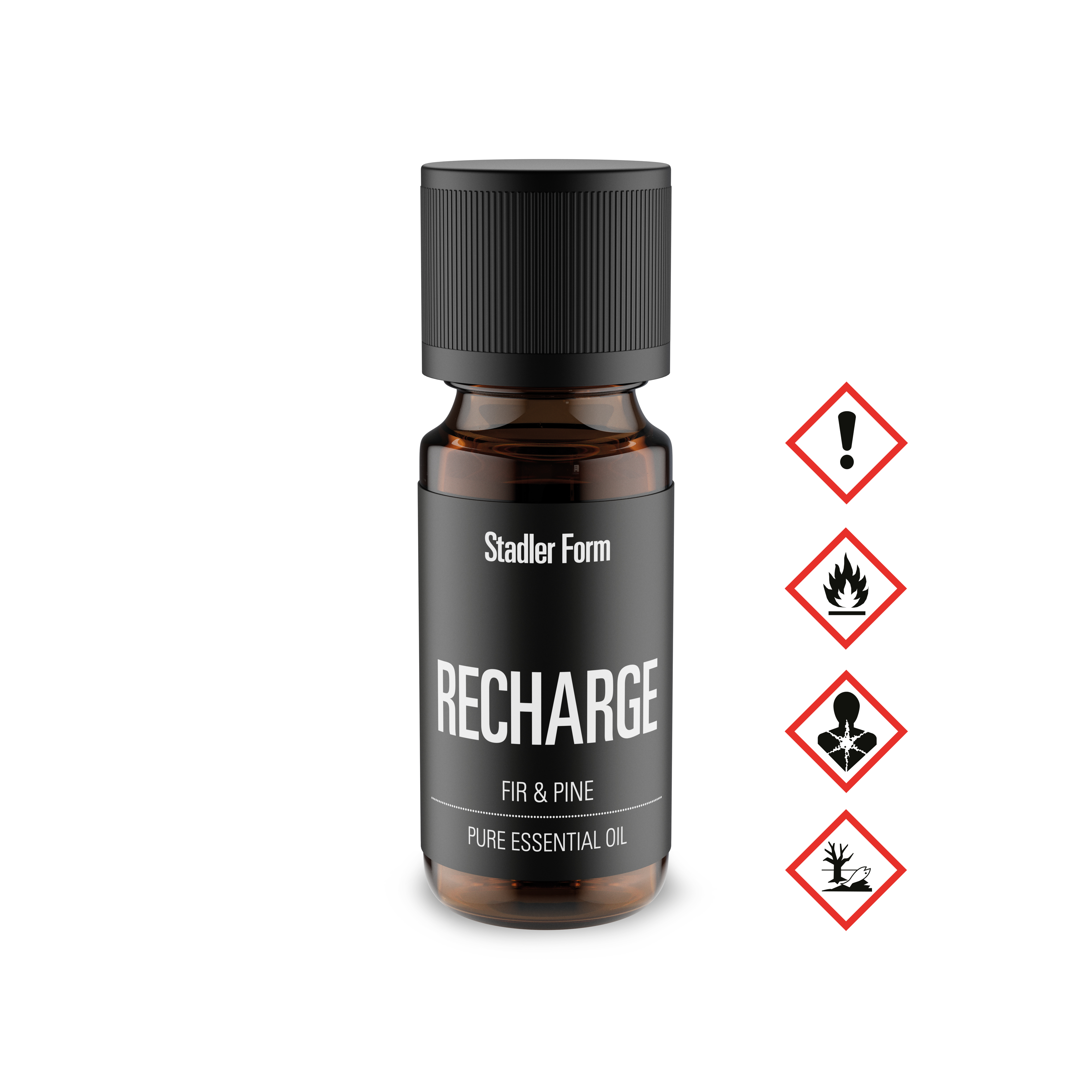 Flasche 'Recharge' Tannen- & Kiefern-Ätherisches Öl. Enthält Gefahrensymbole: Ausrufezeichen, Flamme, Gesundheitsgefahr, Umwelt.