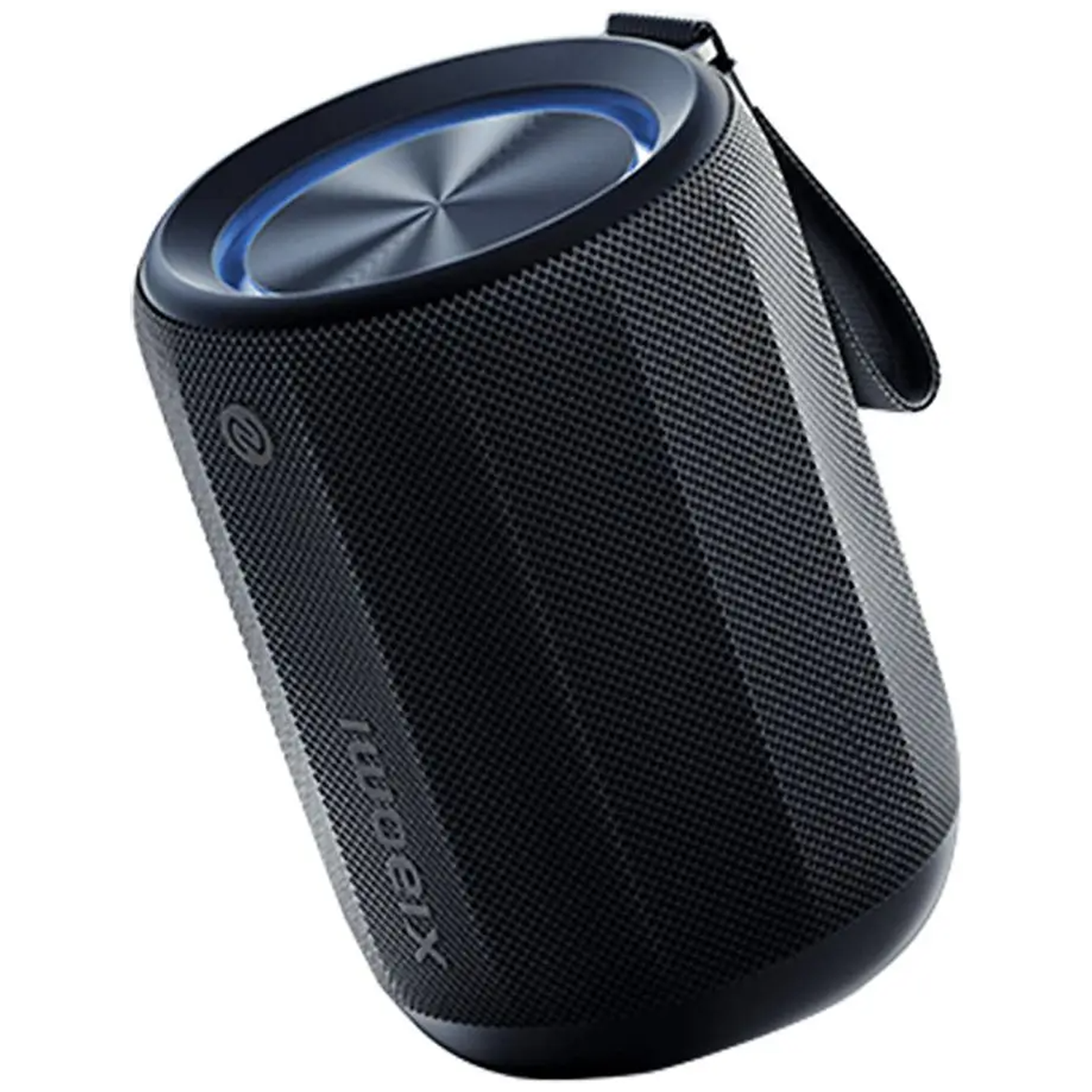 Black cylindrical speaker with a handle. Top has a silver center and blue light. The brand name Xiaomi is visible.