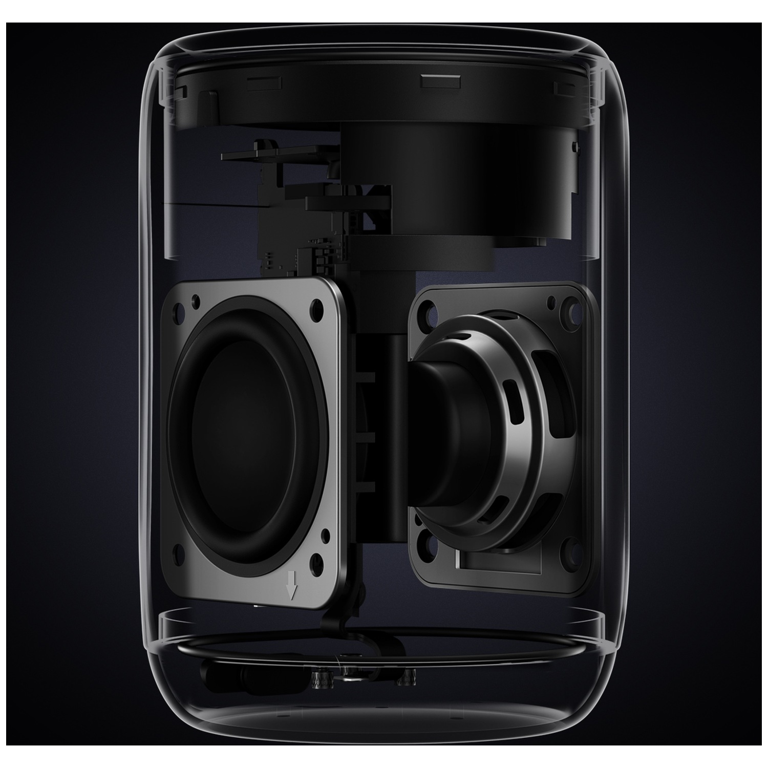 Cutaway view of a transparent speaker showing internal components: two speakers, circuit boards, and black internal structure.