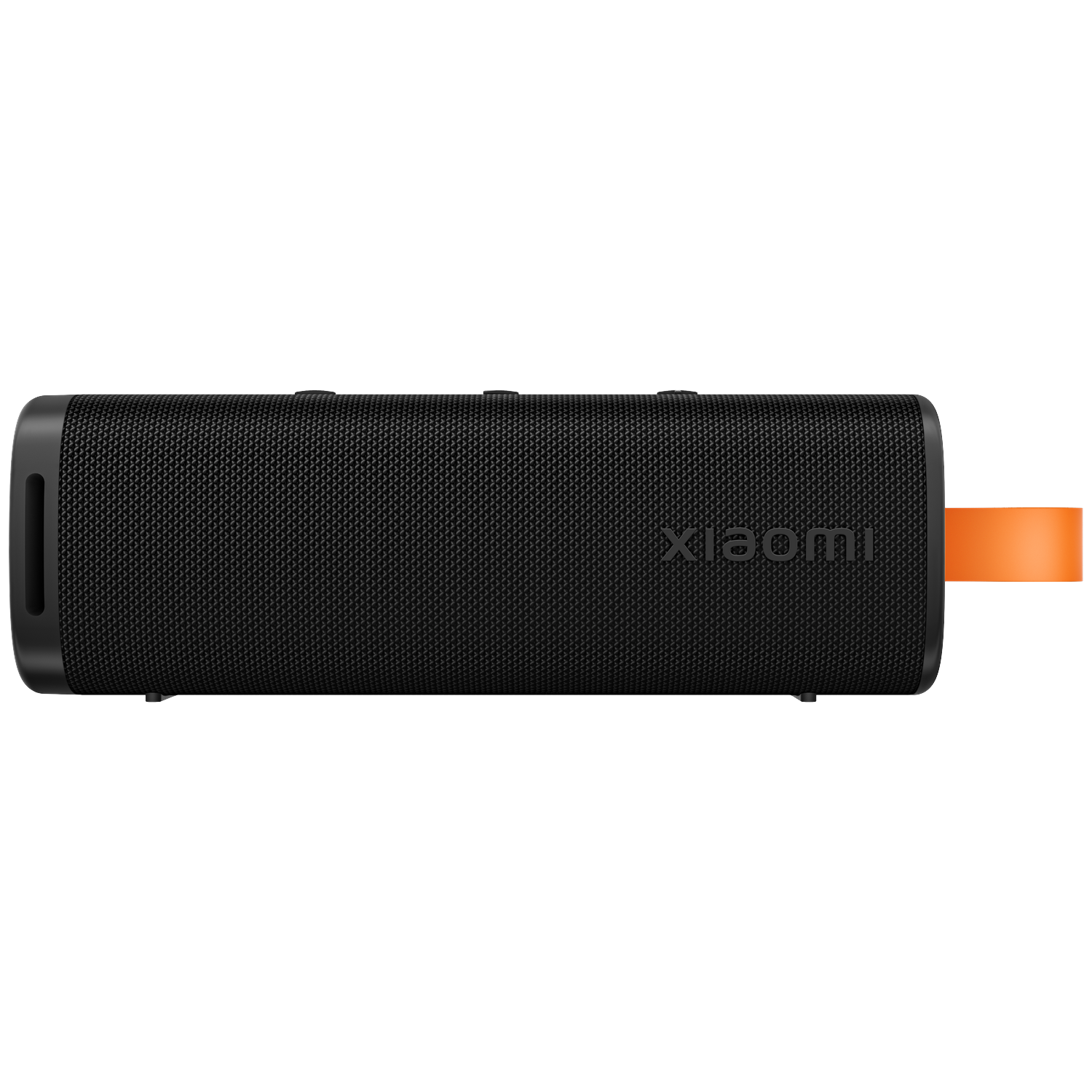 Een zwarte Xiaomi-luidspreker met een oranje bandje, op een witte achtergrond. De luidspreker is cilindrisch.